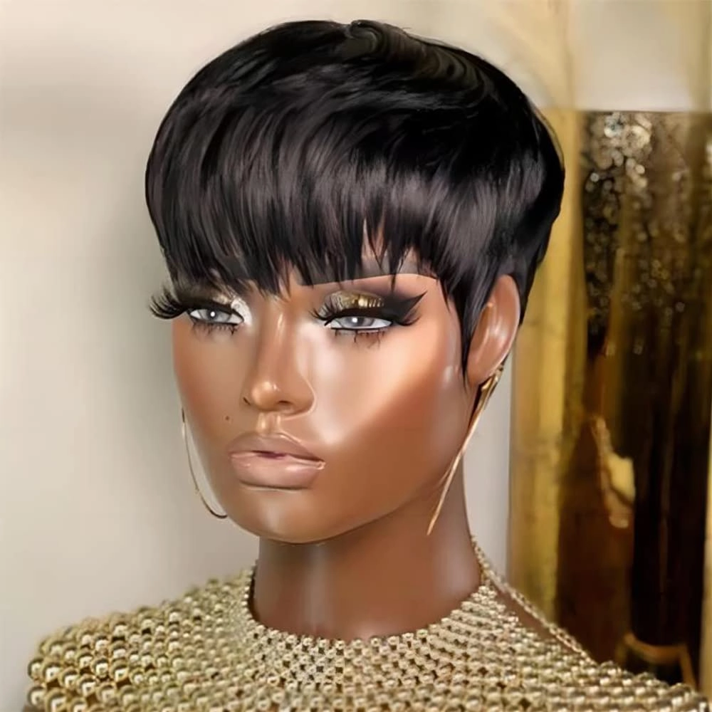 Pixie Cut Wigs for Black Women Short Bob Wig Human Hair Glueless Wig with Bangs None Lace Front Wig Full Machine Made Wig Black Color (1B-2)