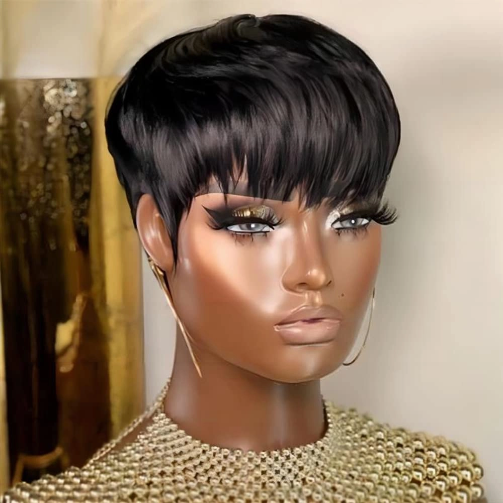 Pixie Cut Wigs for Black Women Short Bob Wig Human Hair Glueless Wig with Bangs None Lace Front Wig Full Machine Made Wig Black Color (1B-2)