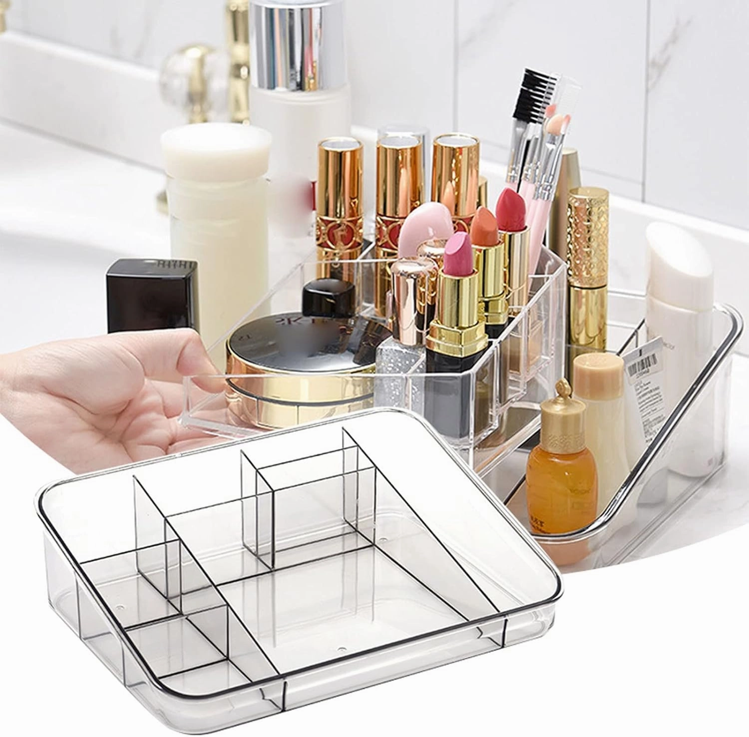Plastic Vanity Makeup Organizer Caddy Tray Brush Holder Cosmetics Display Desk Drawer Divider Box for Makeup Brushes Eyeshadow Palettes Jewelries Gadgets Bathroom Office Bedroom(Gray)