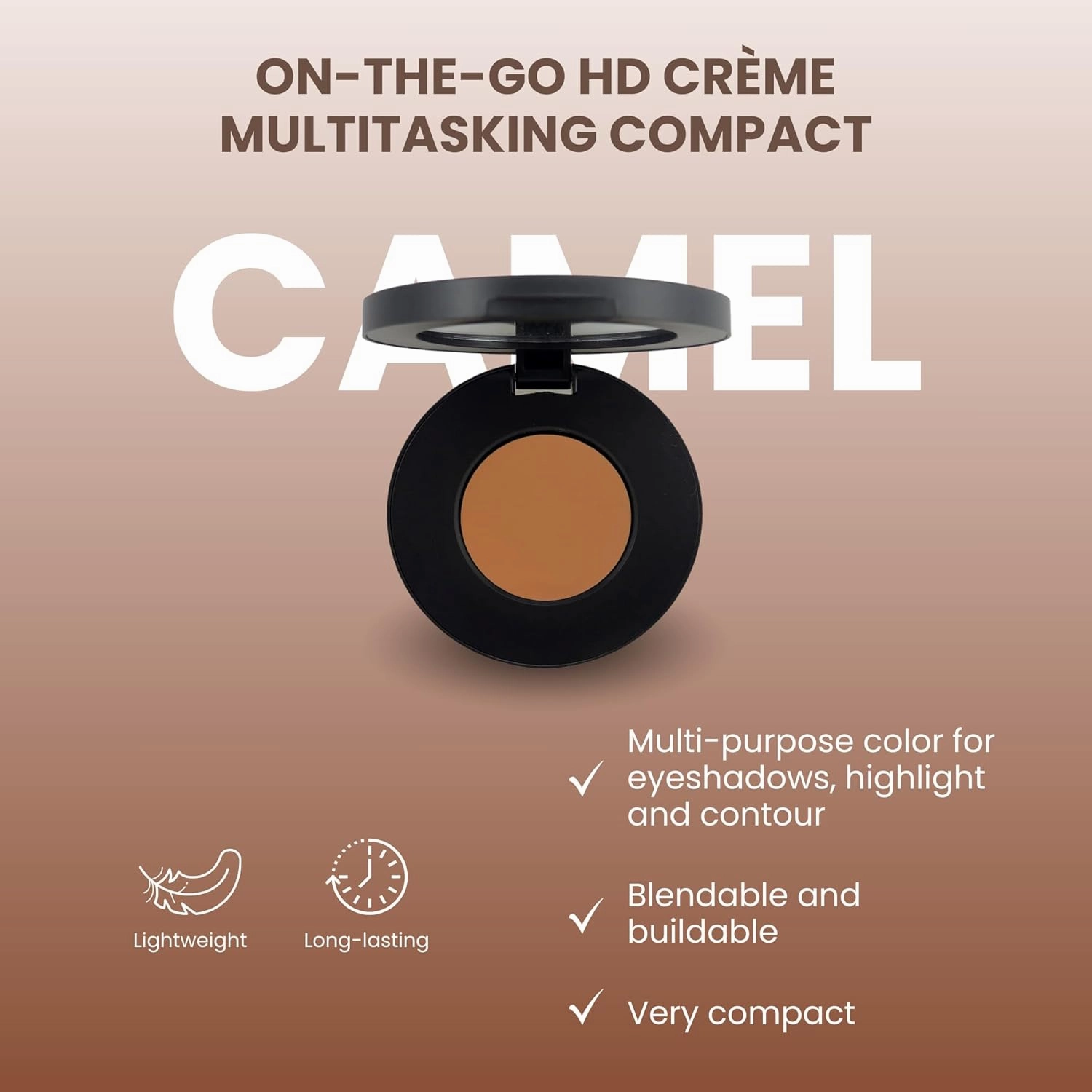 Poise Makeup HD Crème Multitasking Compact | Ultra Smooth Cream Formula Used as Eyeshadow Base, Smudge Finish Eye Color, Brow Definer, Highlight, Contour, and Lip Color, CAMEL