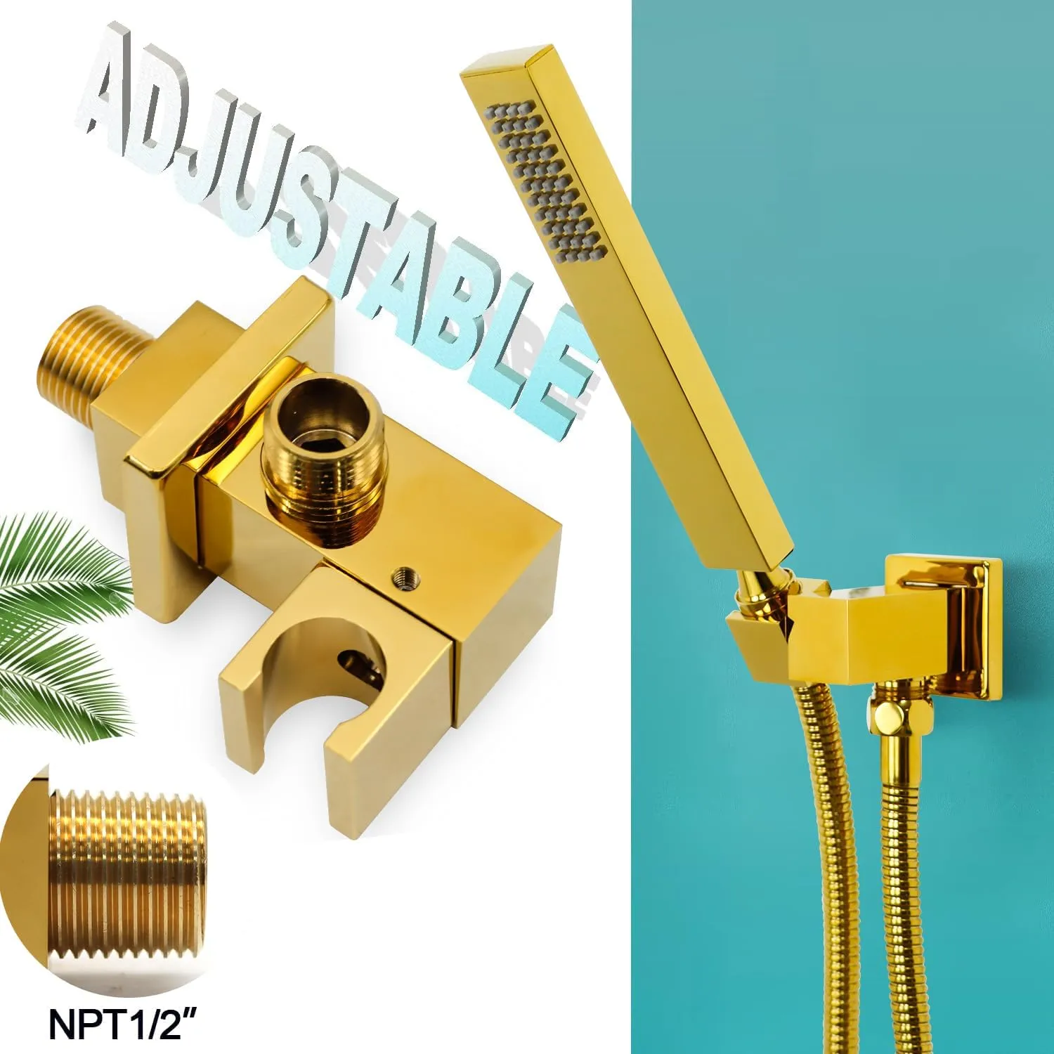 Polished Gold Hand Held Shower Head Combo Set Square Shower Wand Solid Brass Shower Head With Adjustable Holder Wall Mount Handheld Showerheads Set
