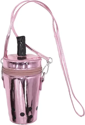 Polka Dot Milk Tea Cup Crossbody Bag for Women Girls Holographic Leather Shoulder Bag Fun Bucket Bag Cylinder Cup Purse
