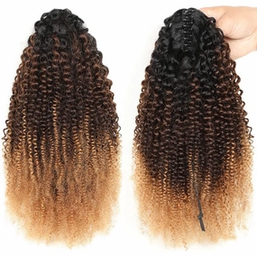 Ponytail Extensions Claw 10" Afro curly 4B-4C Clip Hairpiece One Piece A Jaw Short Pony Tails for Women Ombre Human Hair T1B/4/27 Natural Black to Medium Brown to Dark Blonde