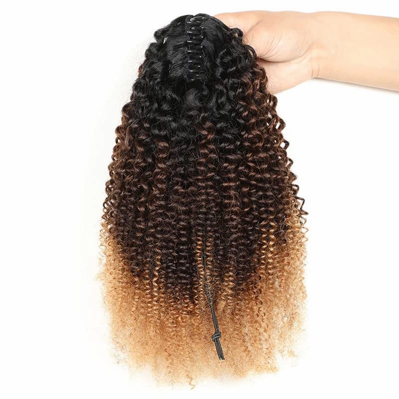Ponytail Extensions Claw 14"Afro curly 4B-4C Clip Hairpiece One Piece A Jaw Medium Length Pony Tails for Women Ombre Human Hair T1B/4/27 Natural Black to Medium Brown to Dark Blonde
