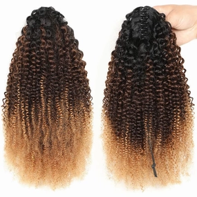 Ponytail Extensions Claw 14"Afro curly 4B-4C Clip Hairpiece One Piece A Jaw Medium Length Pony Tails for Women Ombre Human Hair T1B/4/27 Natural Black to Medium Brown to Dark Blonde
