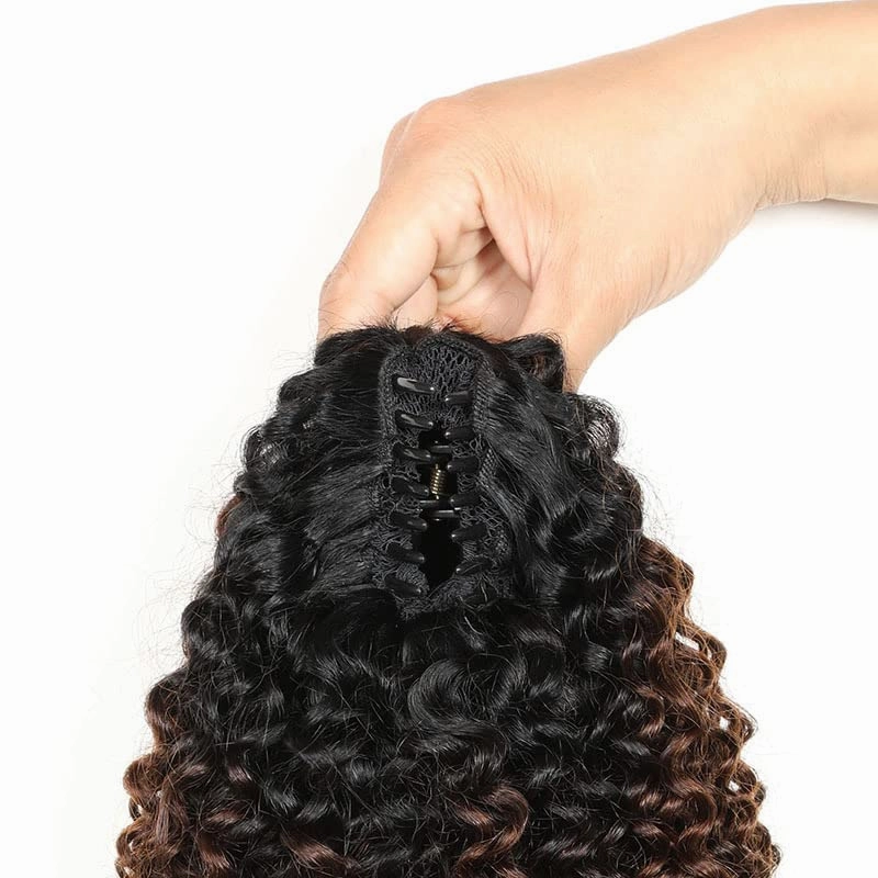 Ponytail Extensions Claw 14"Afro curly 4B-4C Clip Hairpiece One Piece A Jaw Medium Length Pony Tails for Women Ombre Human Hair T1B/4/27 Natural Black to Medium Brown to Dark Blonde