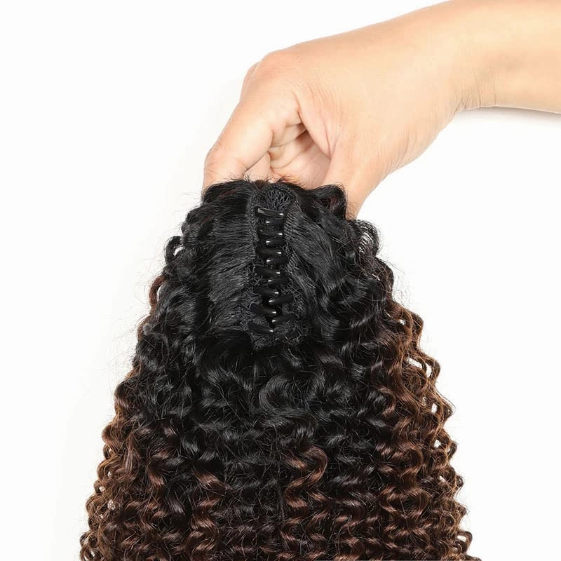 Ponytail Extensions Claw 14"Afro curly 4B-4C Clip Hairpiece One Piece A Jaw Medium Length Pony Tails for Women Ombre Human Hair T1B/4/27 Natural Black to Medium Brown to Dark Blonde