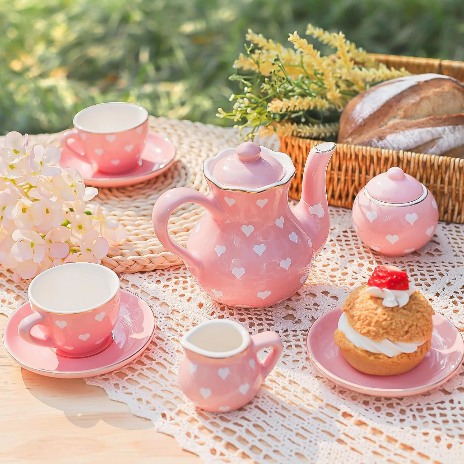 Porcelain Tea Party Set for Little Girls, Kids, Toddlers - 13Pcs Pink Heart Ceramic Set With Pot, Cups, Saucers & Carrying Case - Pretend Play Kitchen Toys - Christmas Birthday Gift for Girls