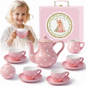 Porcelain Tea Party Set for Little Girls, Kids, Toddlers - 13Pcs Pink Heart Ceramic Set With Pot, Cups, Saucers & Carrying Case - Pretend Play Kitchen Toys - Christmas Birthday Gift for Girls
