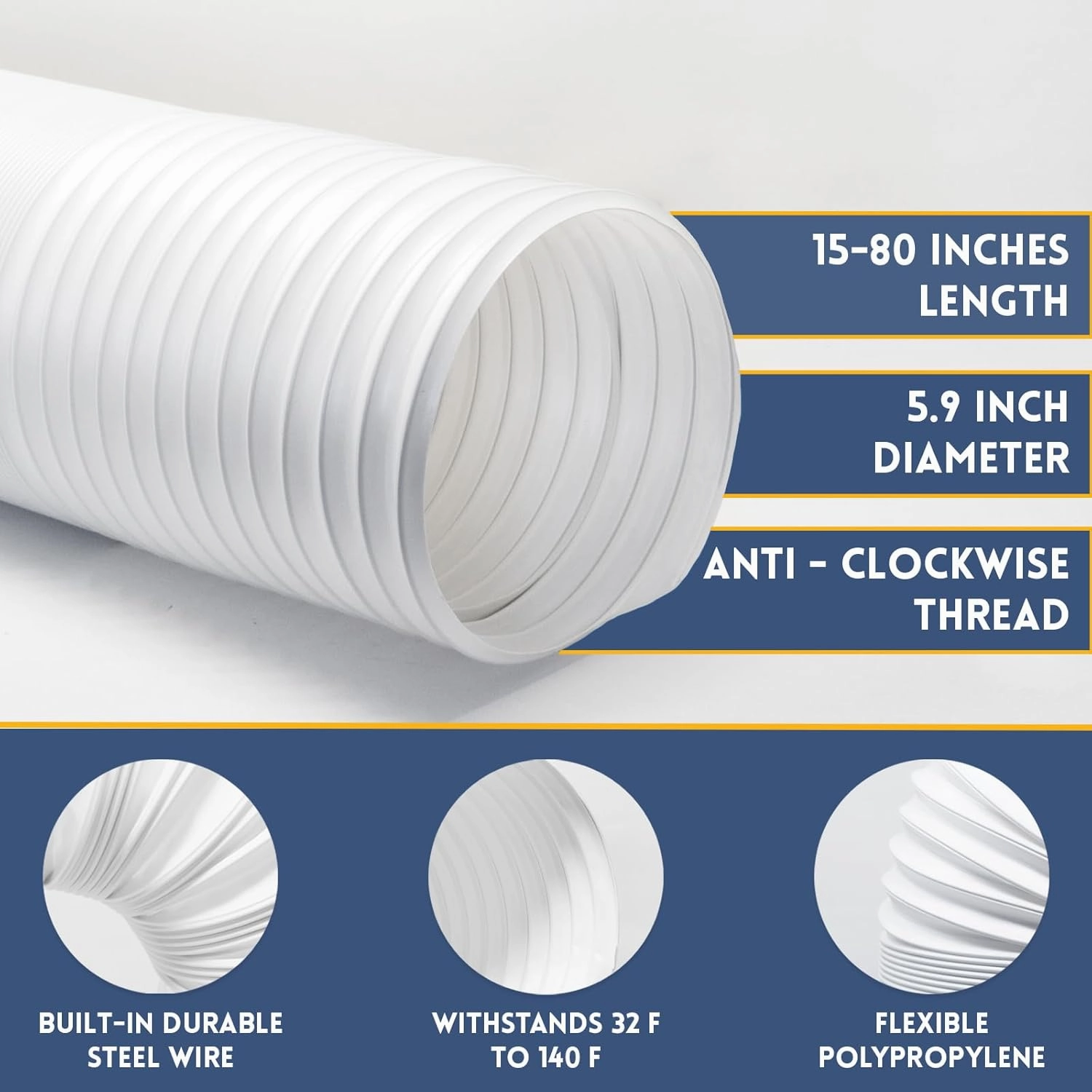 Portable Air Conditioner Hose - AC Hose with 5" Diameter, Anti-Clockwise Thread & Length up to 80" - Exhaust Hose for Portable Air Conditioner Vent Compatible with Delonghi & LG Air Conditioner Parts