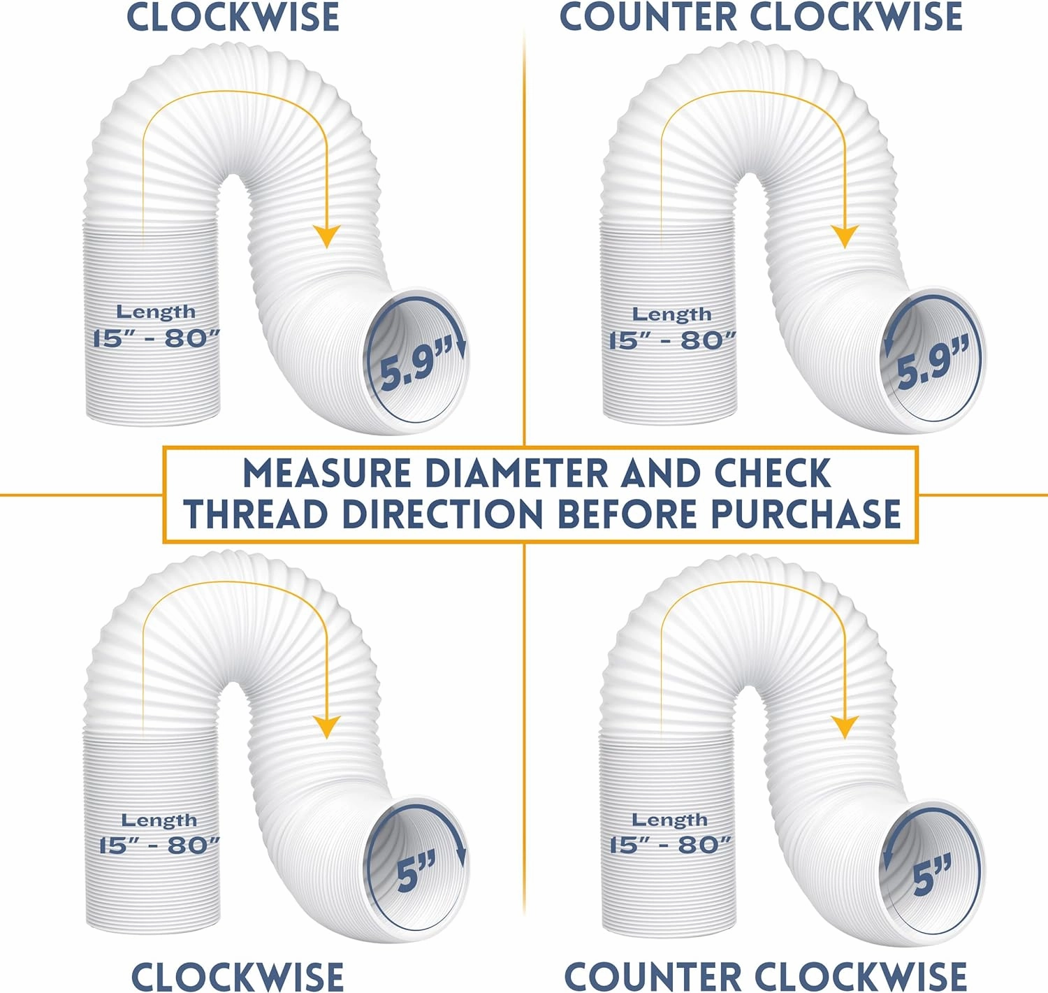 Portable Air Conditioner Hose - AC Hose with 5" Diameter, Anti-Clockwise Thread & Length up to 80" - Exhaust Hose for Portable Air Conditioner Vent Compatible with Delonghi & LG Air Conditioner Parts