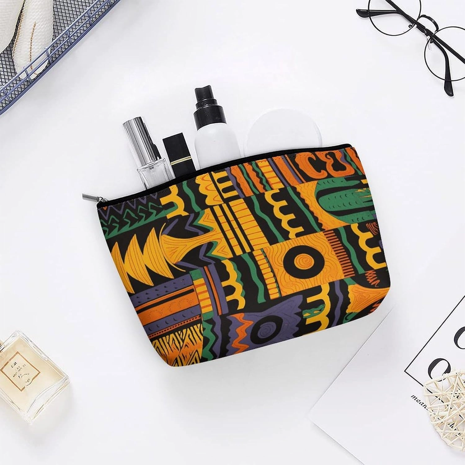 Portable Small Cosmetic Bag Cute Travel Makeup Bag African Ethnic Pattern Waterproof Toiletry Bag for Women