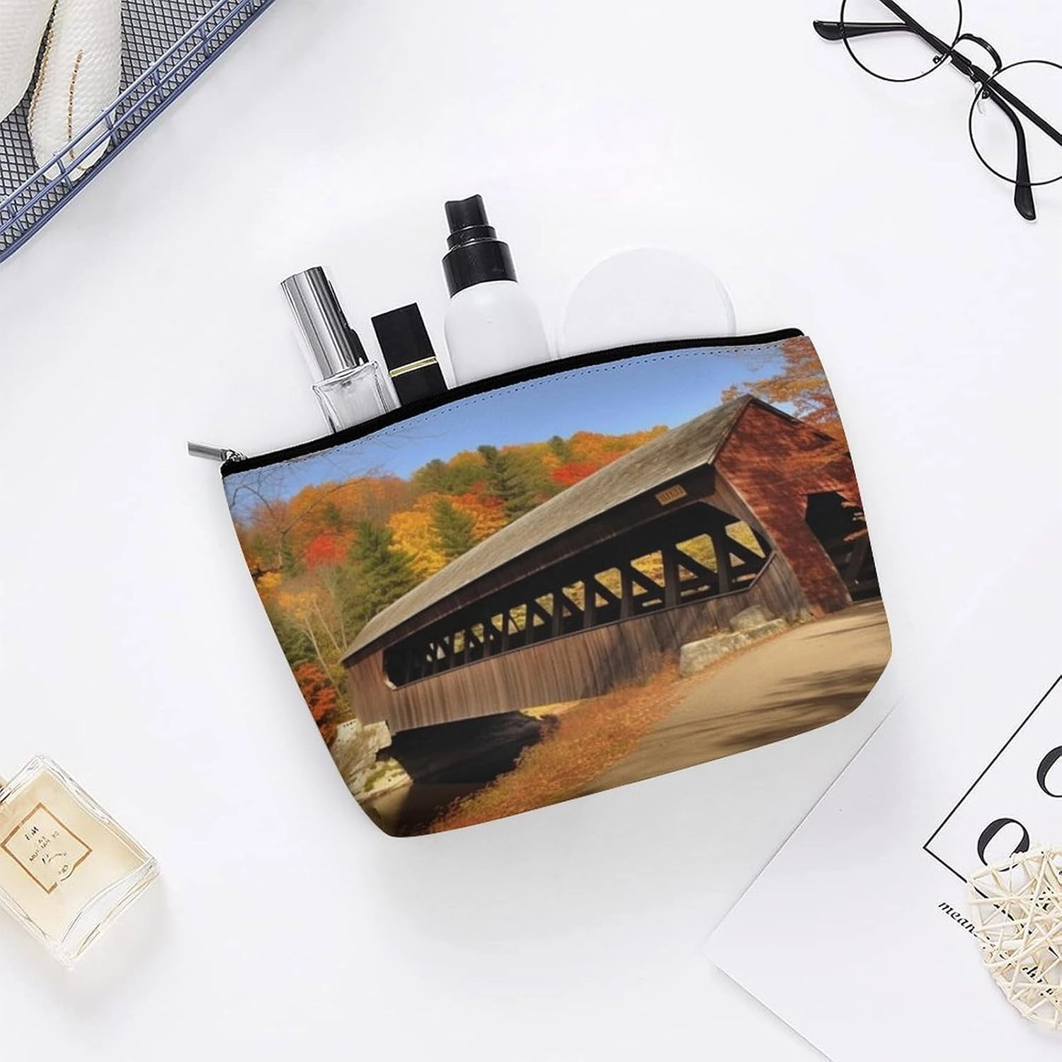 Portable Small Cosmetic Bag Cute Travel Makeup Bag Albany Covered Bridge Waterproof Toiletry Bag for Women