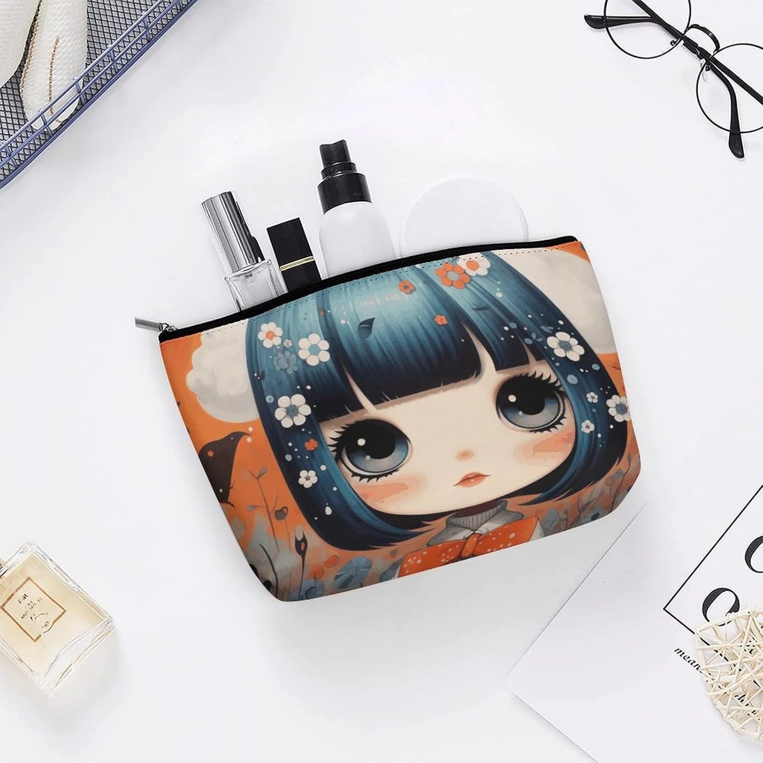 Portable Small Cosmetic Bag Cute Travel Makeup Bag Anime Pictures Waterproof Toiletry Bag for Women