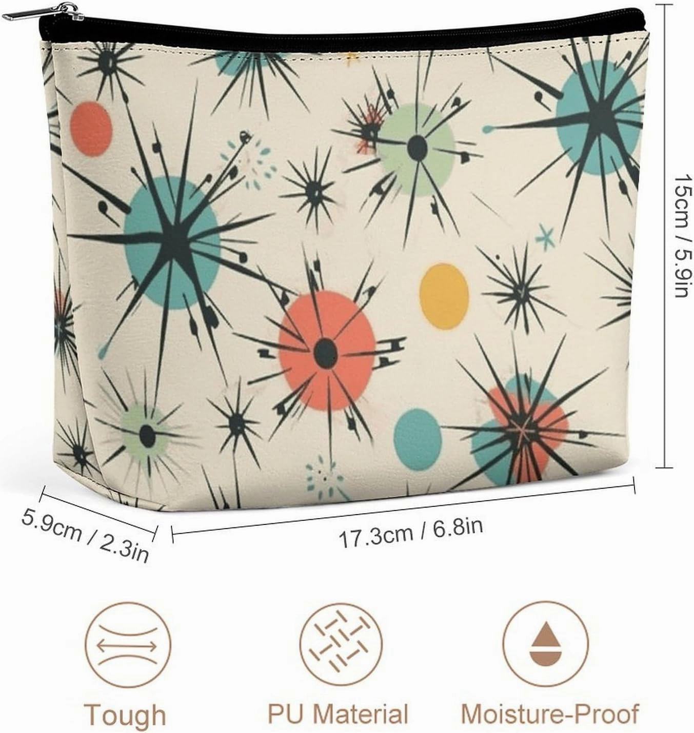 Portable Small Cosmetic Bag Cute Travel Makeup Bag Atomic Stars Retro Pattern Waterproof Toiletry Bag for Women