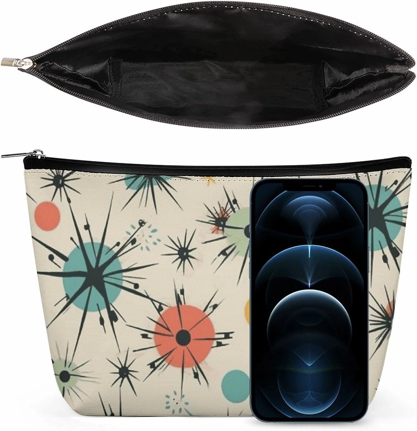 Portable Small Cosmetic Bag Cute Travel Makeup Bag Atomic Stars Retro Pattern Waterproof Toiletry Bag for Women