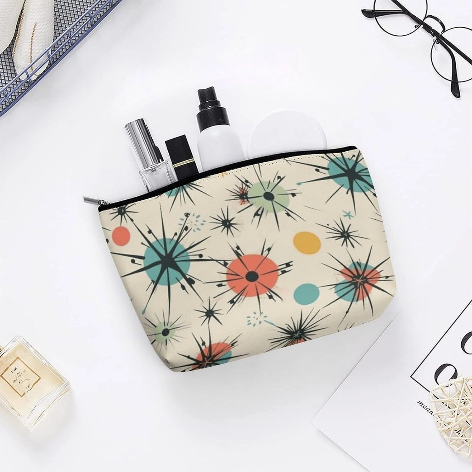 Portable Small Cosmetic Bag Cute Travel Makeup Bag Atomic Stars Retro Pattern Waterproof Toiletry Bag for Women