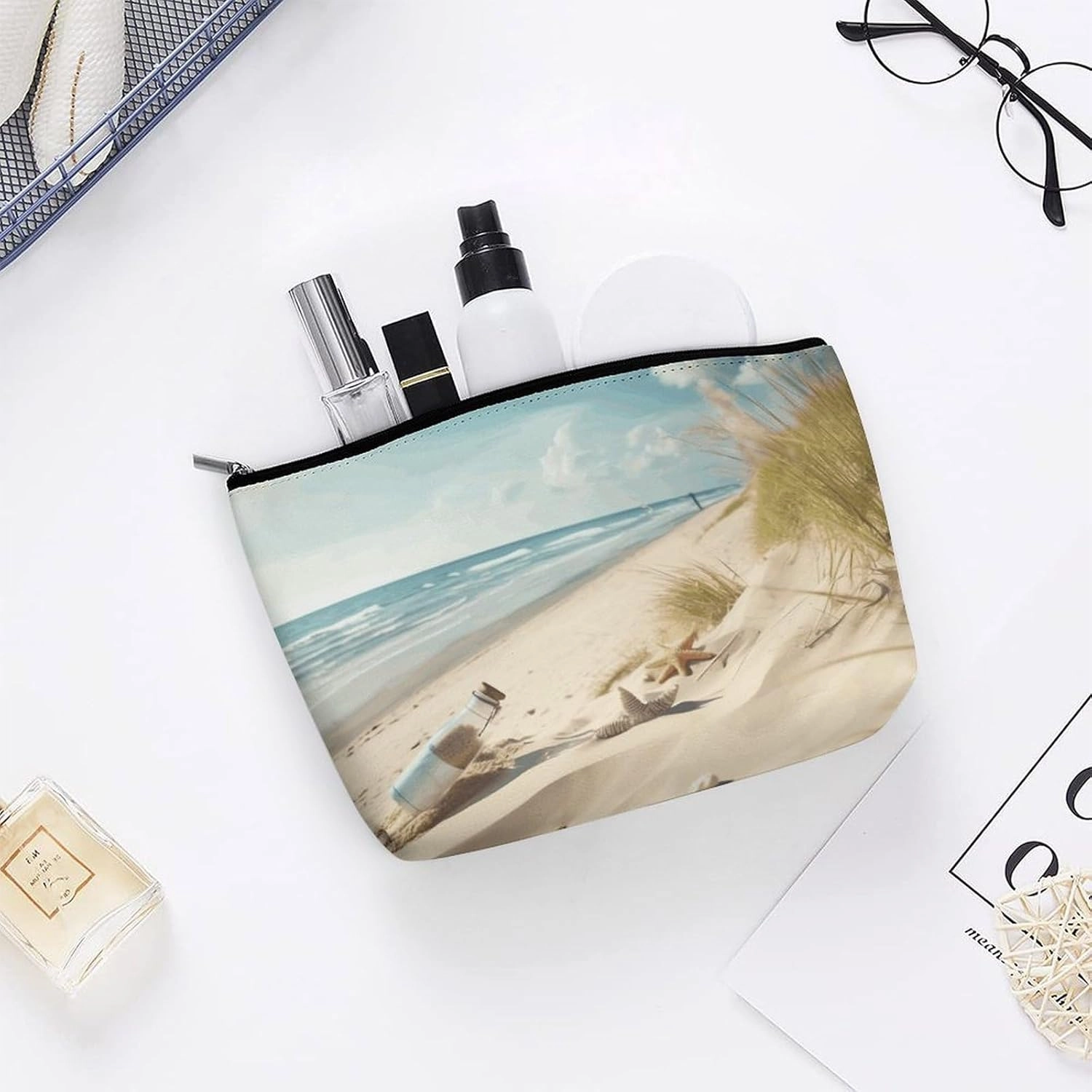 Portable Small Cosmetic Bag Cute Travel Makeup Bag Beach Seaside Waterproof Toiletry Bag for Women