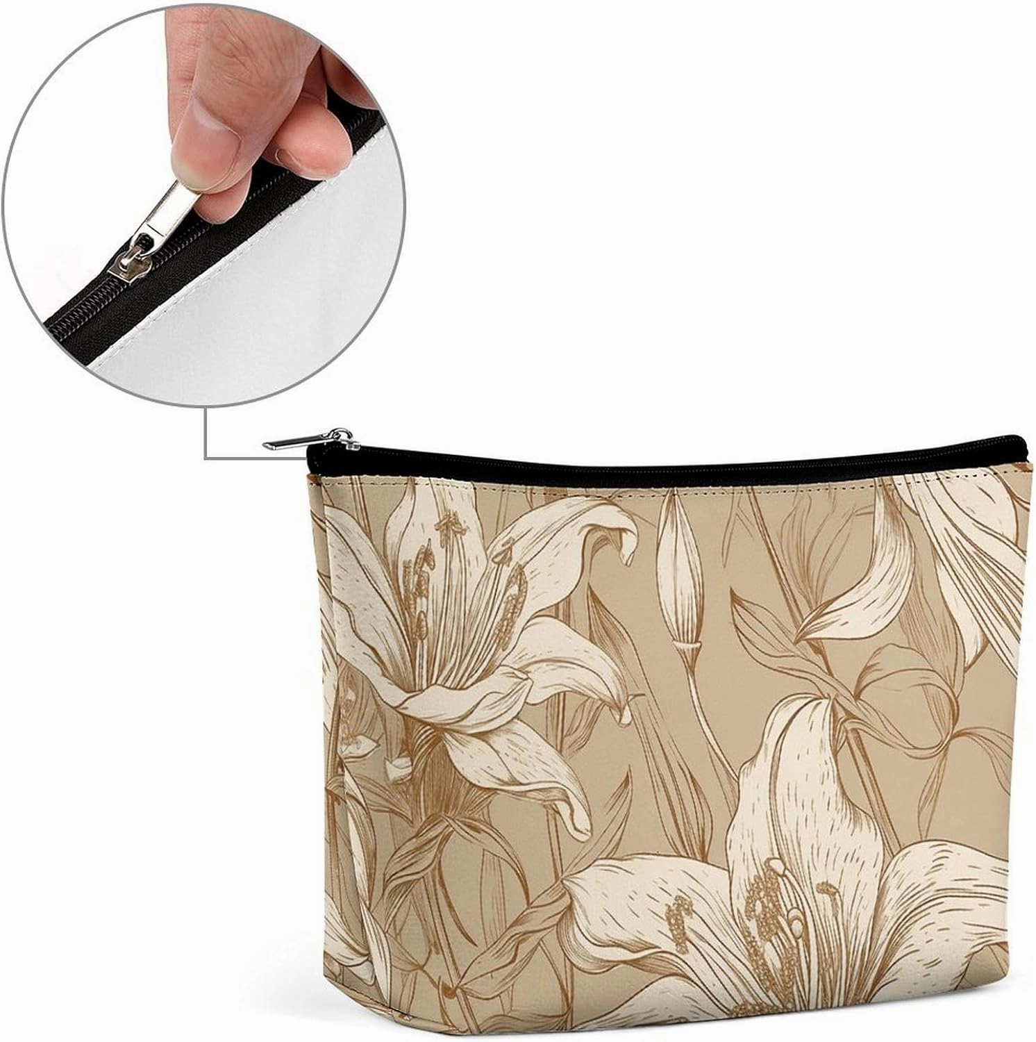 Portable Small Cosmetic Bag Cute Travel Makeup Bag Beige Line Drawing Waterproof Toiletry Bag for Women