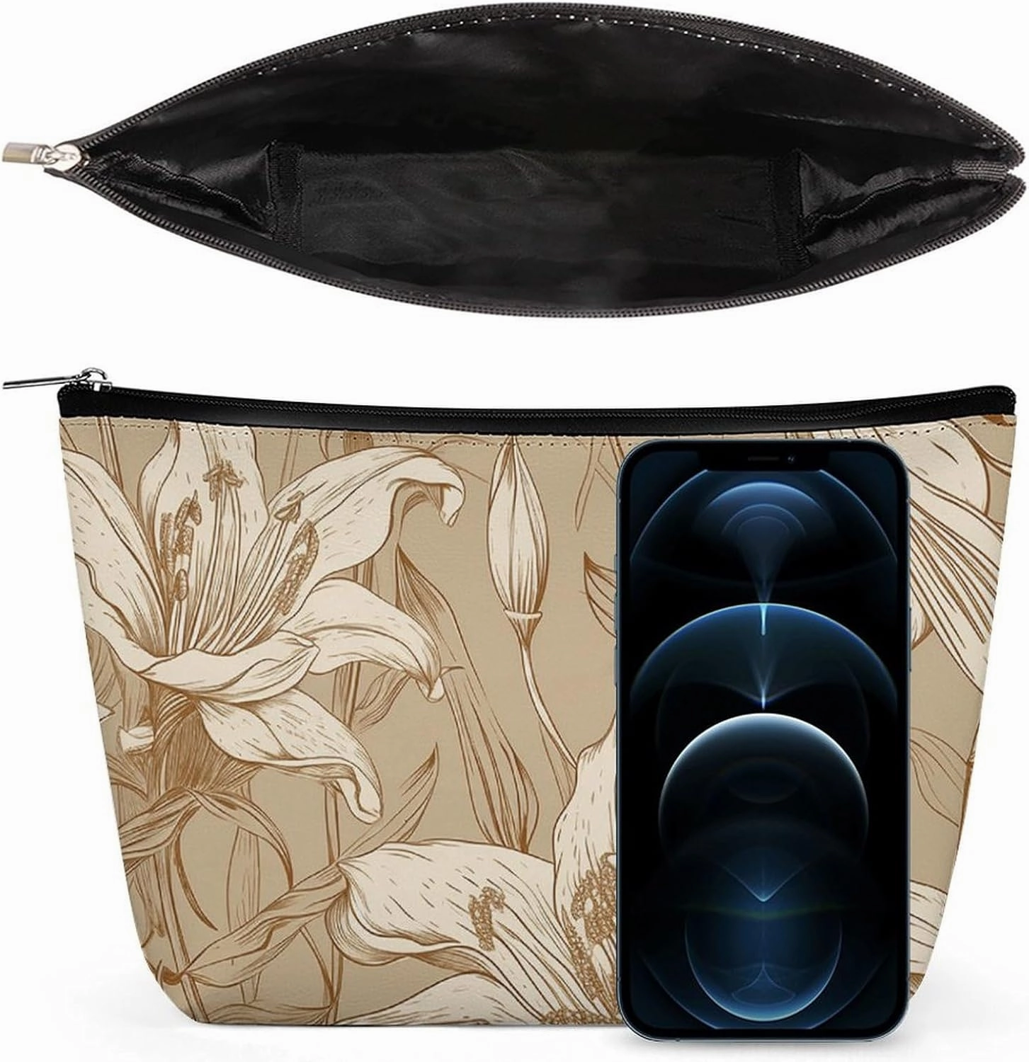 Portable Small Cosmetic Bag Cute Travel Makeup Bag Beige Line Drawing Waterproof Toiletry Bag for Women