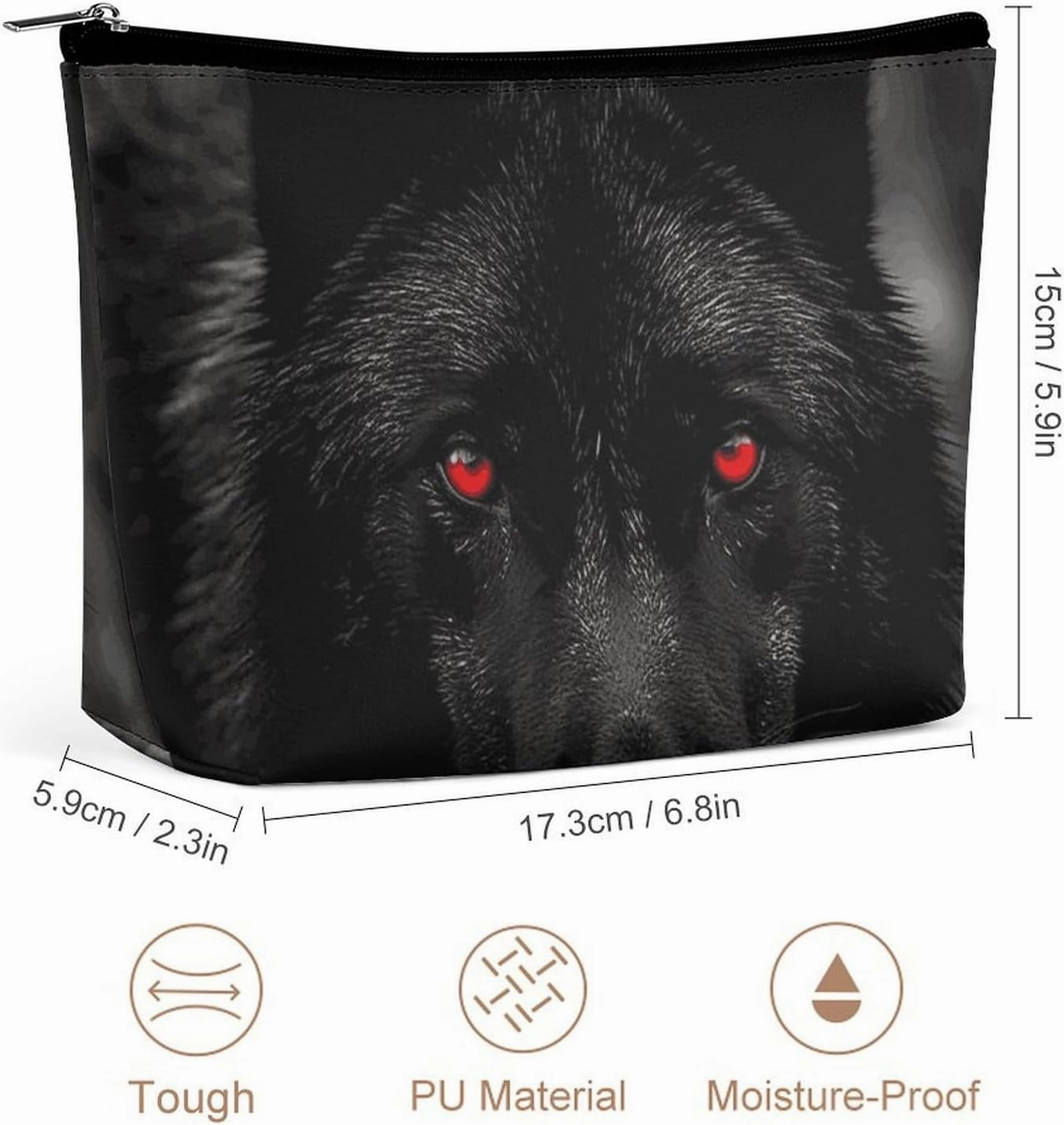 Portable Small Cosmetic Bag Cute Travel Makeup Bag Black Red Eyed Wolf Waterproof Toiletry Bag for Women