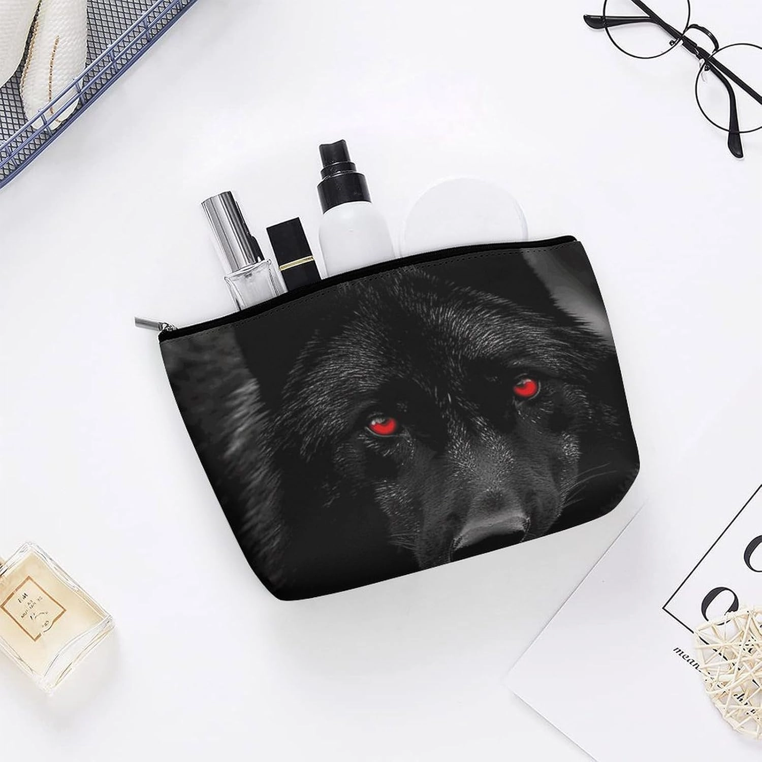 Portable Small Cosmetic Bag Cute Travel Makeup Bag Black Red Eyed Wolf Waterproof Toiletry Bag for Women
