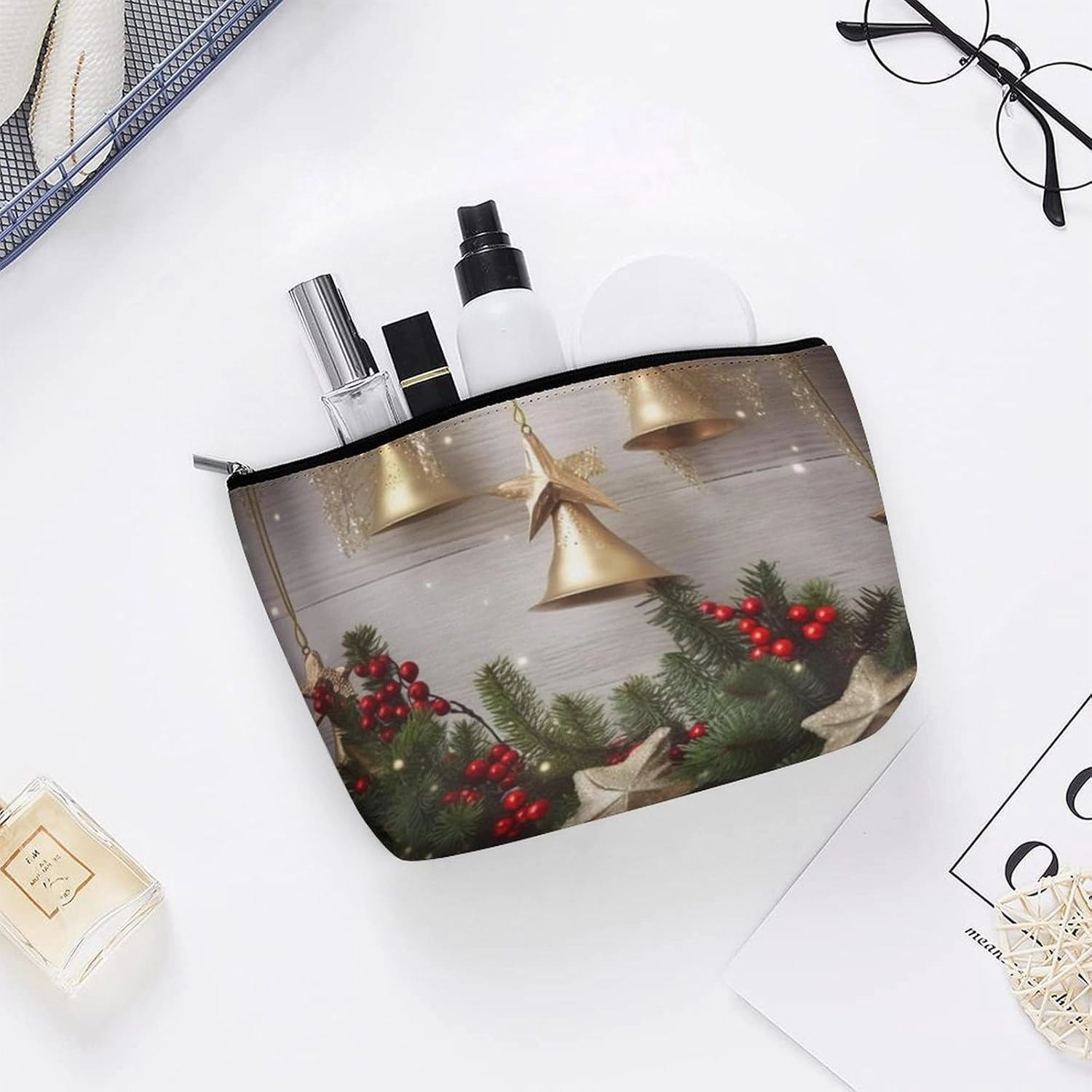 Portable Small Cosmetic Bag Cute Travel Makeup Bag Christmas Tree And Bells Waterproof Toiletry Bag for Women