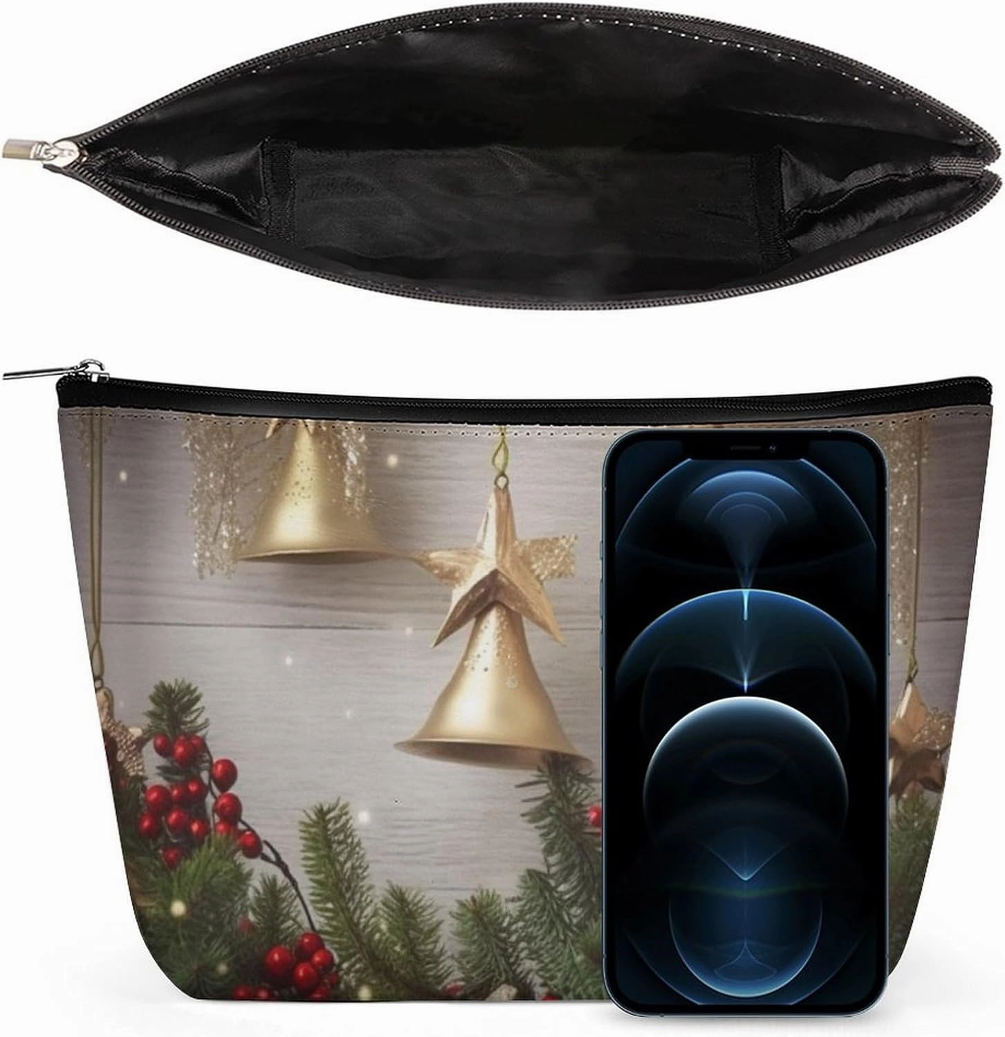 Portable Small Cosmetic Bag Cute Travel Makeup Bag Christmas Tree And Bells Waterproof Toiletry Bag for Women