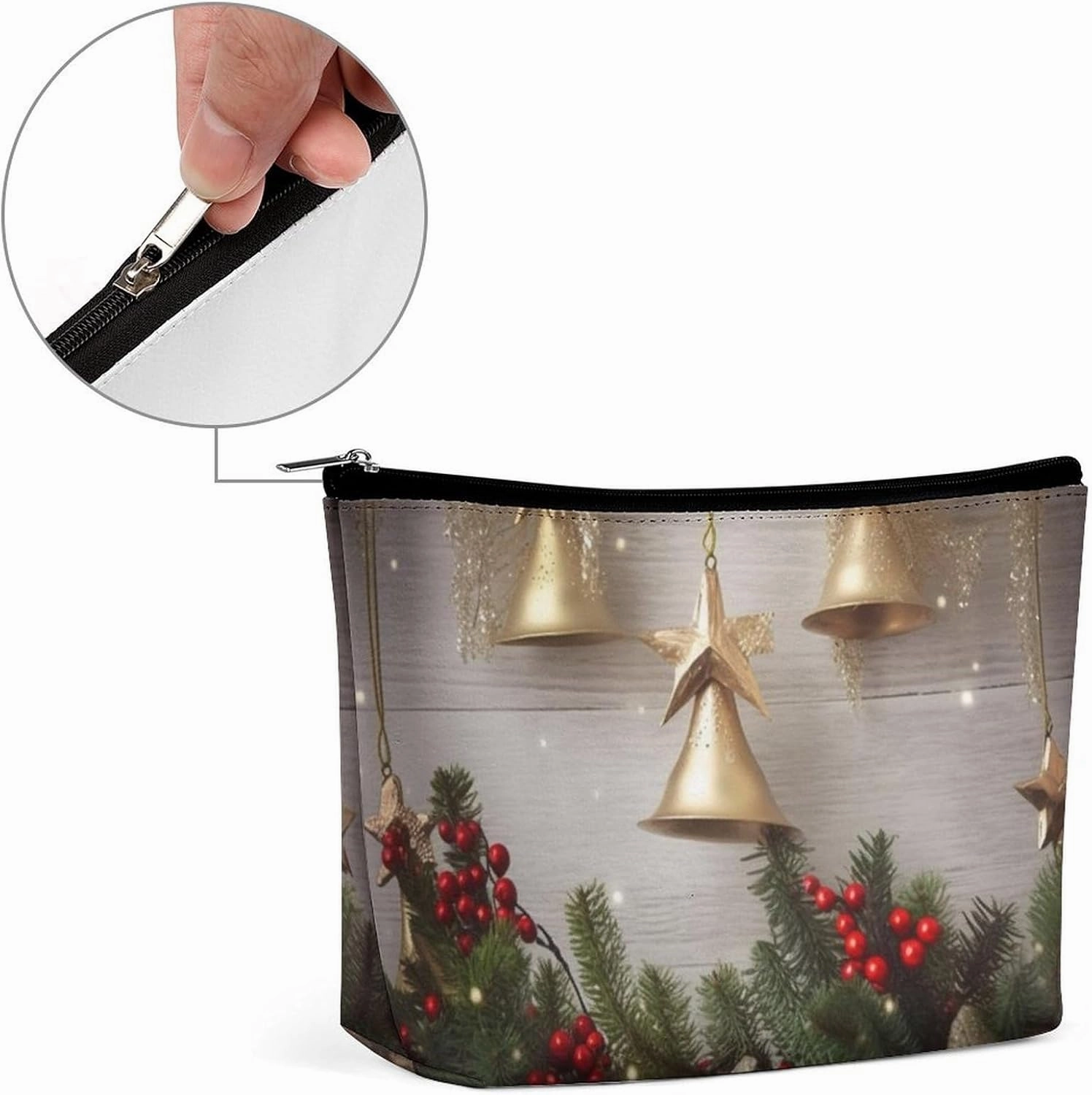 Portable Small Cosmetic Bag Cute Travel Makeup Bag Christmas Tree And Bells Waterproof Toiletry Bag for Women