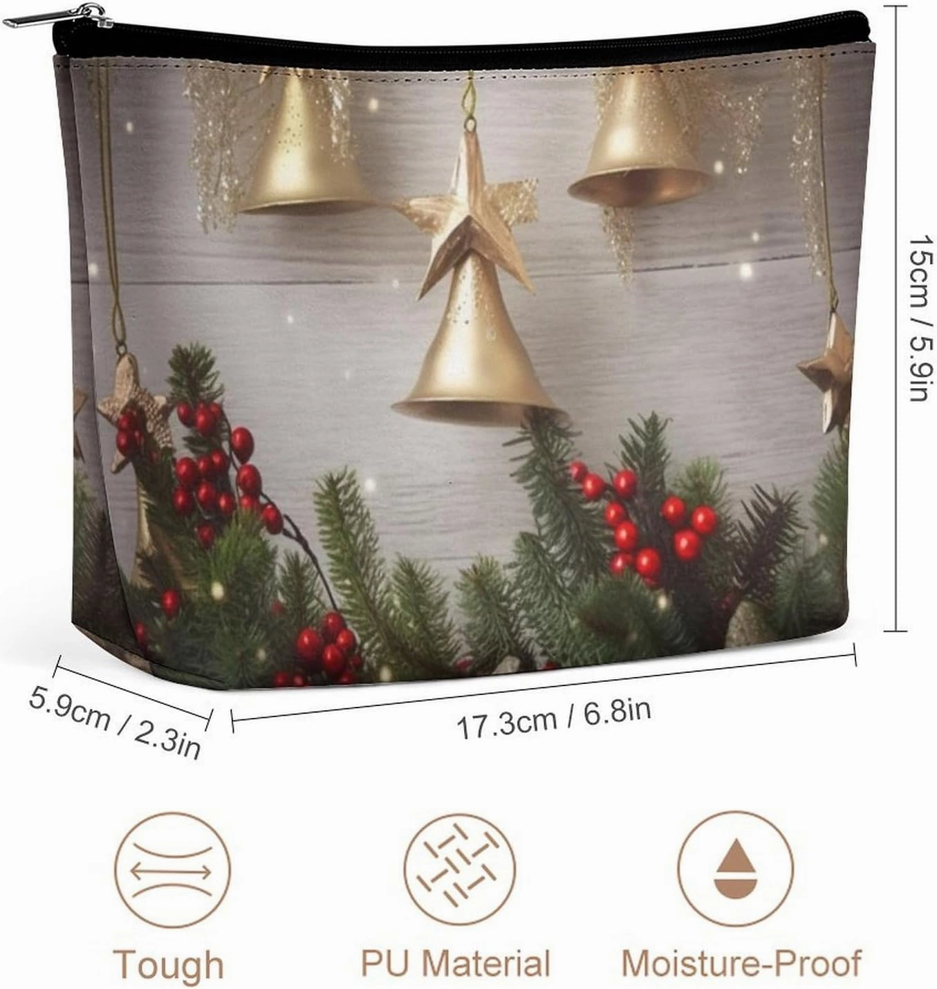 Portable Small Cosmetic Bag Cute Travel Makeup Bag Christmas Tree And Bells Waterproof Toiletry Bag for Women