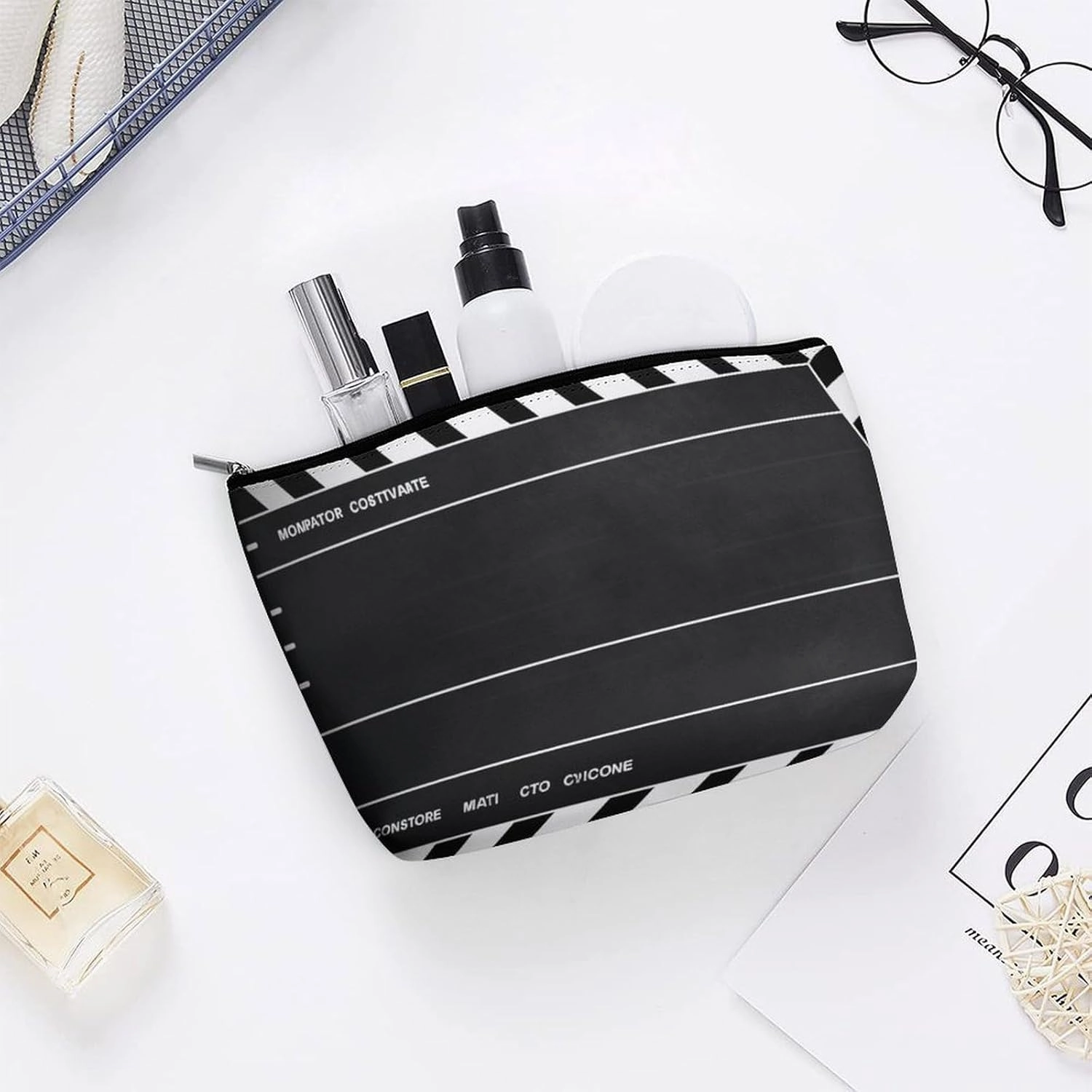 Portable Small Cosmetic Bag Cute Travel Makeup Bag Classic Movie Clapboard Black Waterproof Toiletry Bag for Women