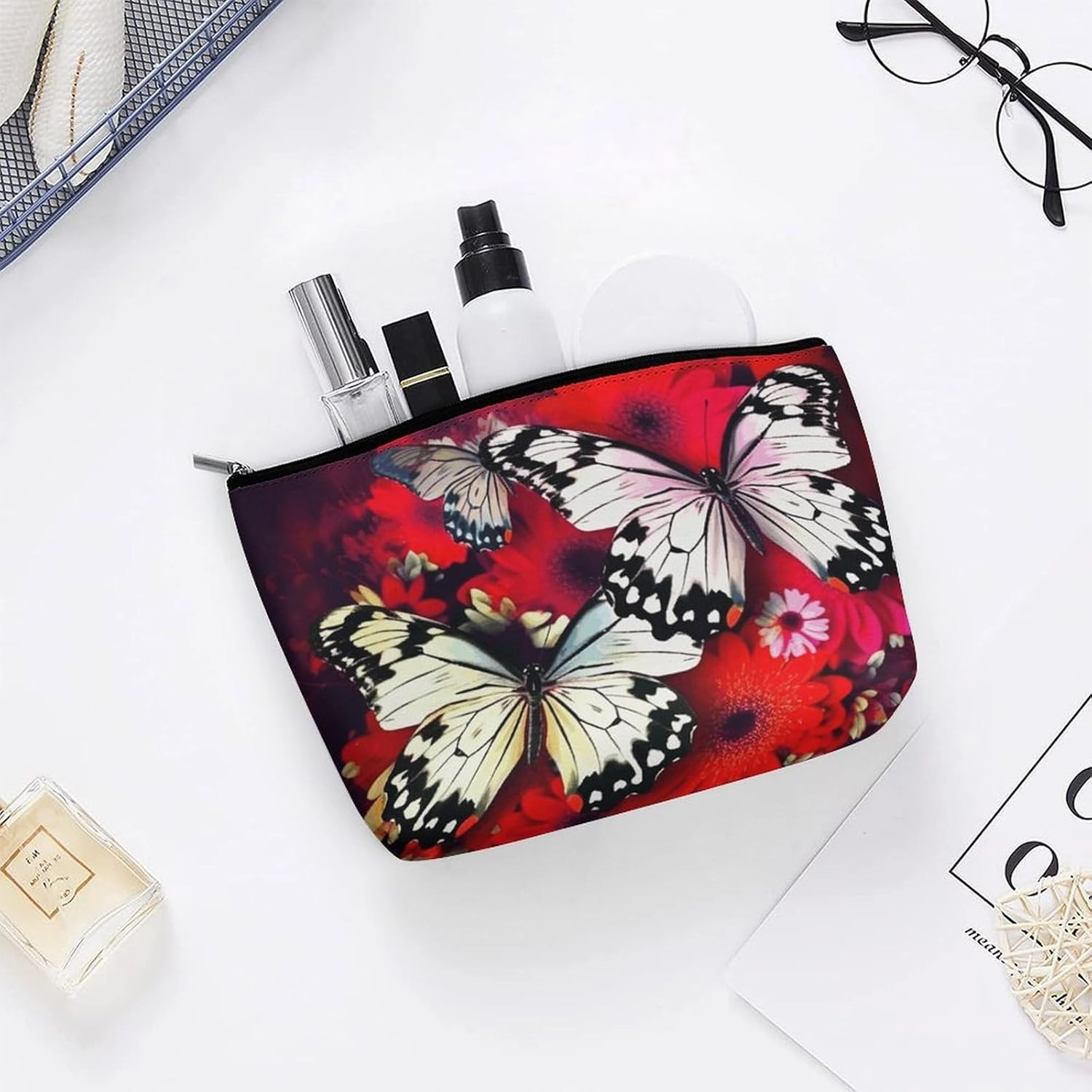 Portable Small Cosmetic Bag Cute Travel Makeup Bag Colorful Flowers Butterflies Waterproof Toiletry Bag for Women