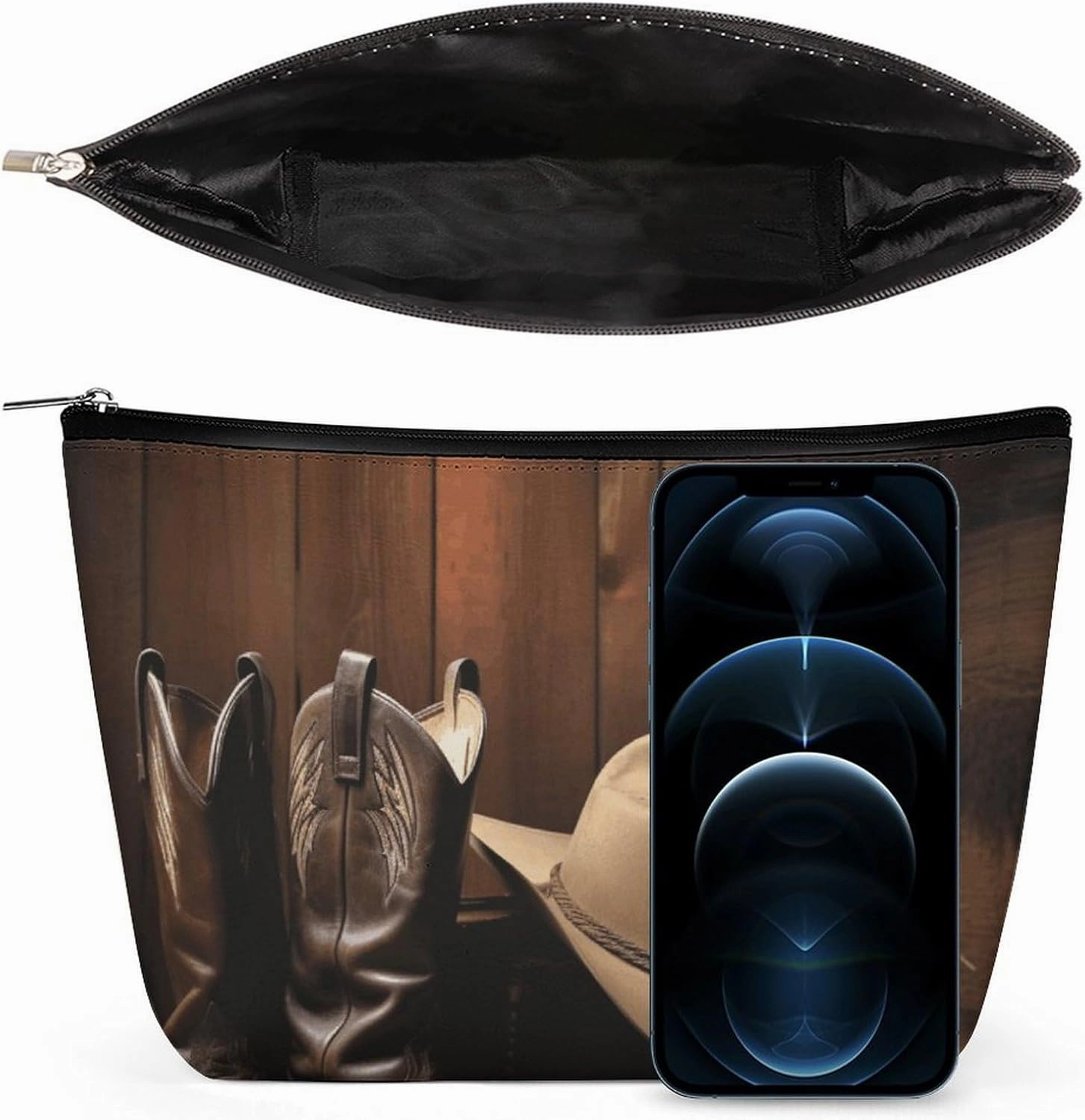 Portable Small Cosmetic Bag Cute Travel Makeup Bag Cowboy Black Hat Western Boots Waterproof Toiletry Bag for Women
