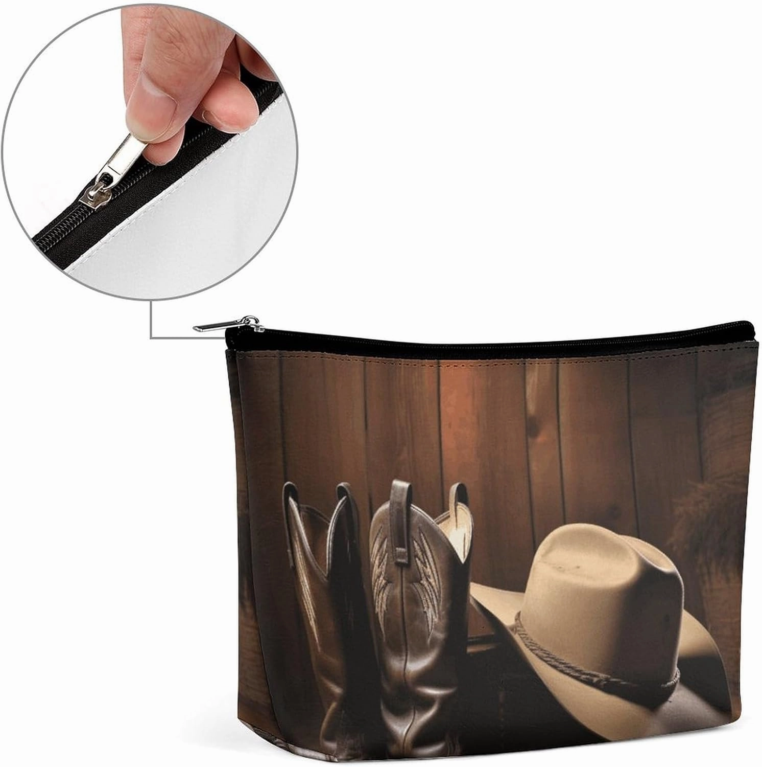 Portable Small Cosmetic Bag Cute Travel Makeup Bag Cowboy Black Hat Western Boots Waterproof Toiletry Bag for Women
