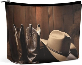 Portable Small Cosmetic Bag Cute Travel Makeup Bag Cowboy Black Hat Western Boots Waterproof Toiletry Bag for Women