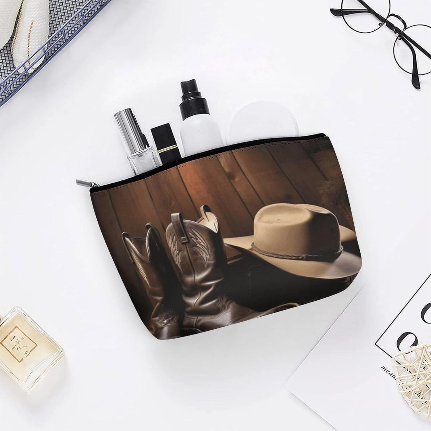 Portable Small Cosmetic Bag Cute Travel Makeup Bag Cowboy Black Hat Western Boots Waterproof Toiletry Bag for Women