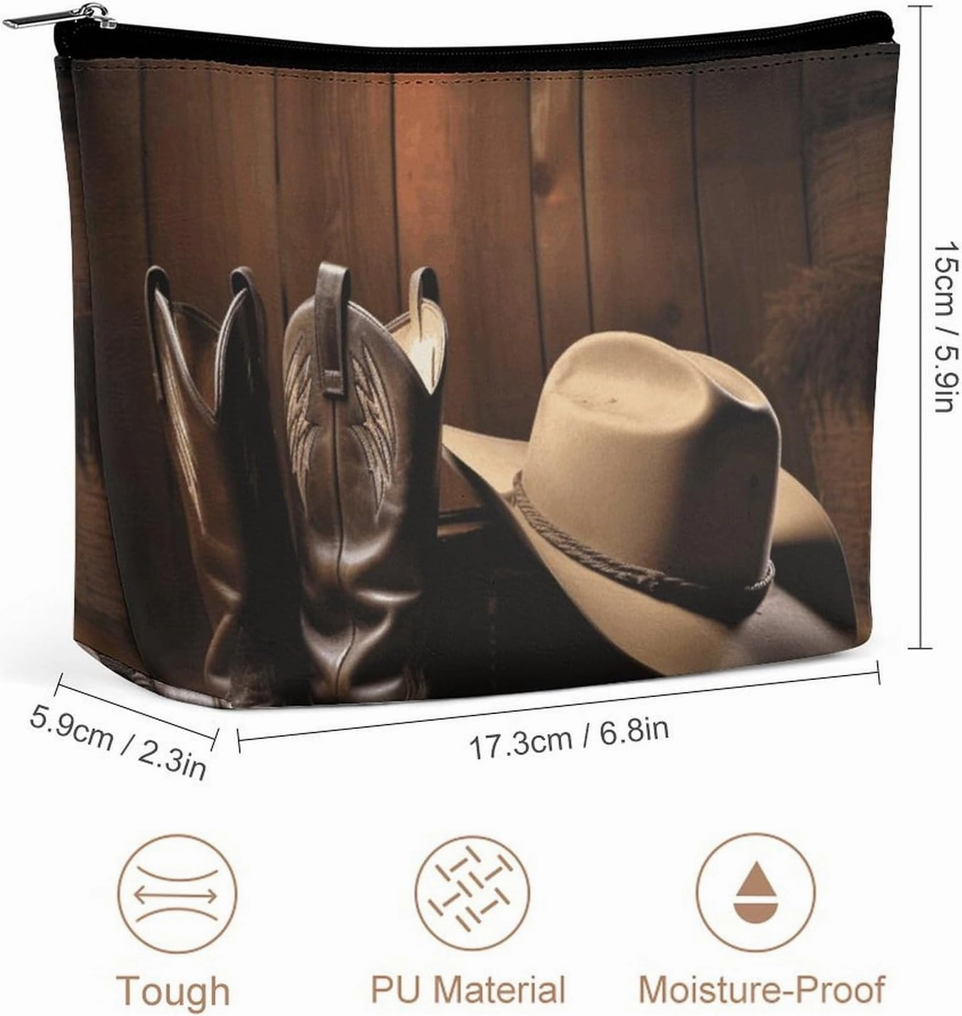 Portable Small Cosmetic Bag Cute Travel Makeup Bag Cowboy Black Hat Western Boots Waterproof Toiletry Bag for Women