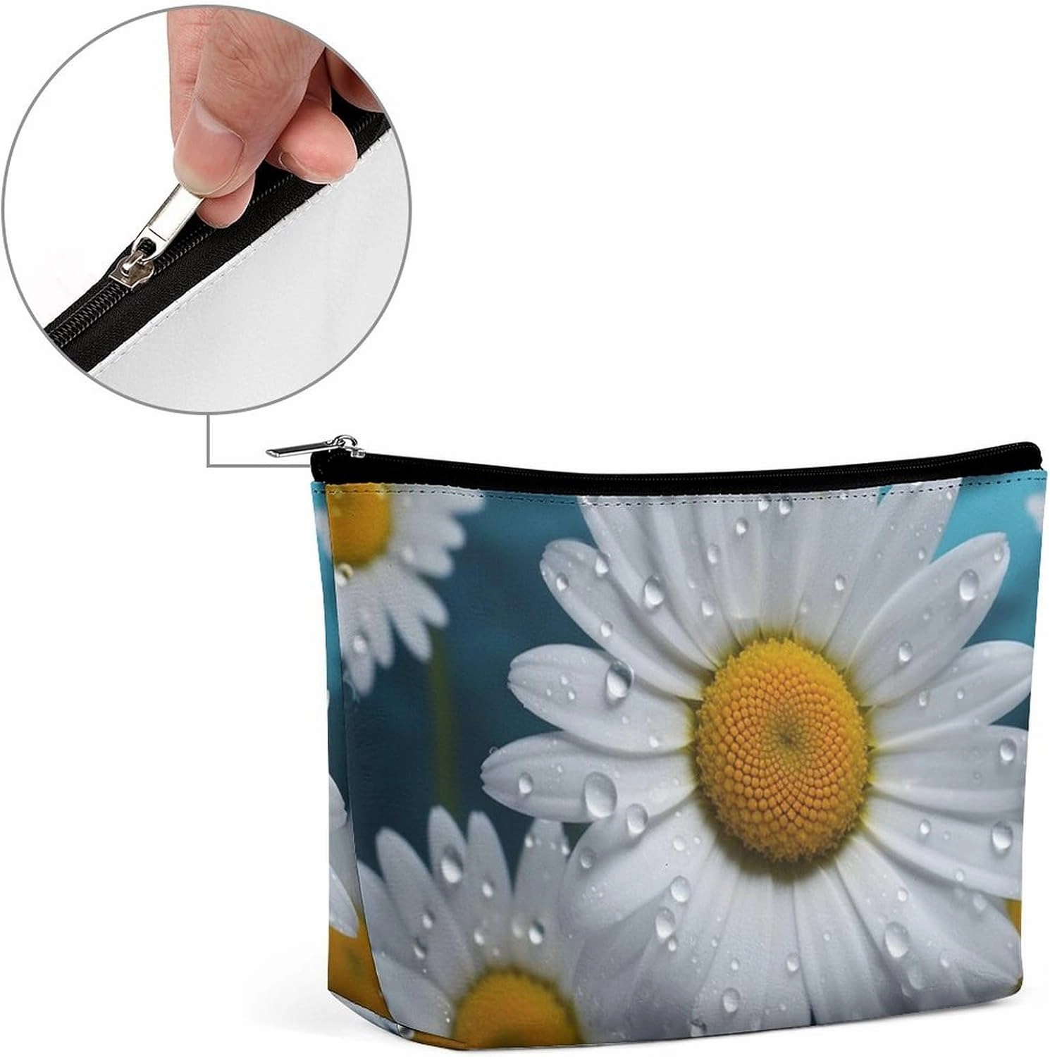 Portable Small Cosmetic Bag Cute Travel Makeup Bag Daisy Flowers Waterproof Toiletry Bag for Women