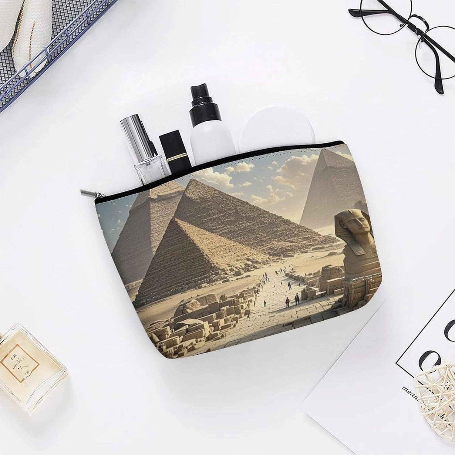 Portable Small Cosmetic Bag Cute Travel Makeup Bag Egyptian Pyramids Waterproof Toiletry Bag for Women