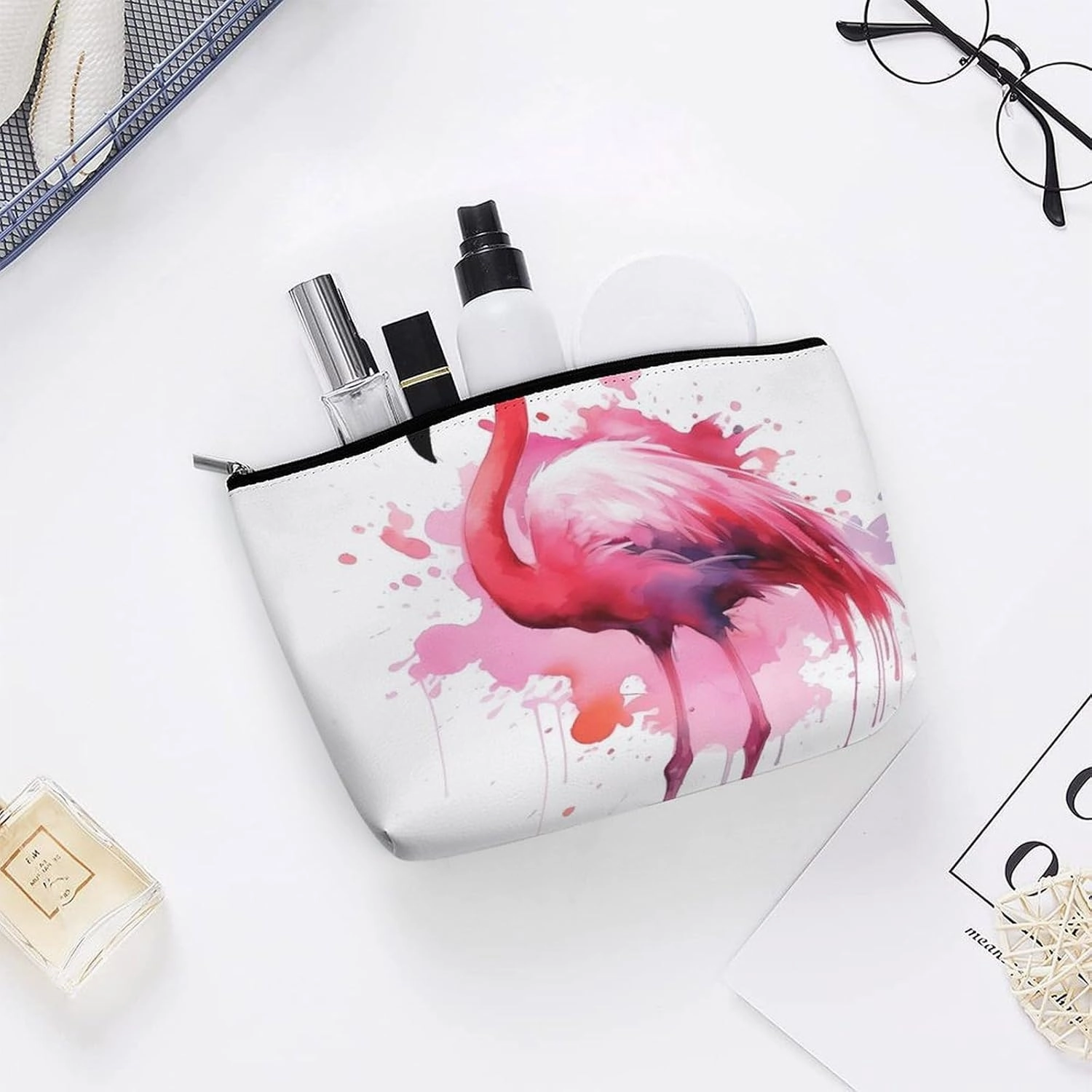 Portable Small Cosmetic Bag Cute Travel Makeup Bag Flamingo Watercolor Waterproof Toiletry Bag for Women