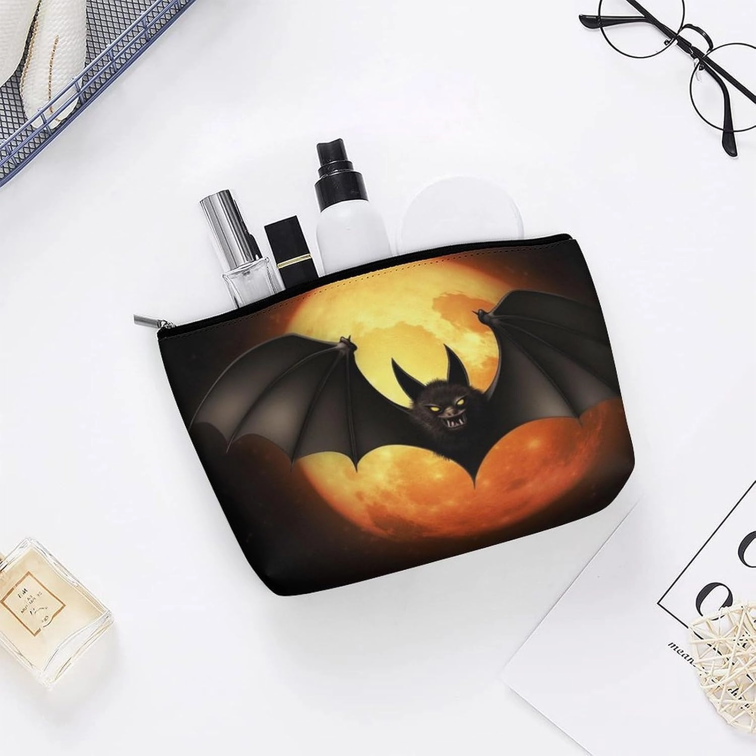 Portable Small Cosmetic Bag Cute Travel Makeup Bag Halloween Bat Waterproof Toiletry Bag for Women