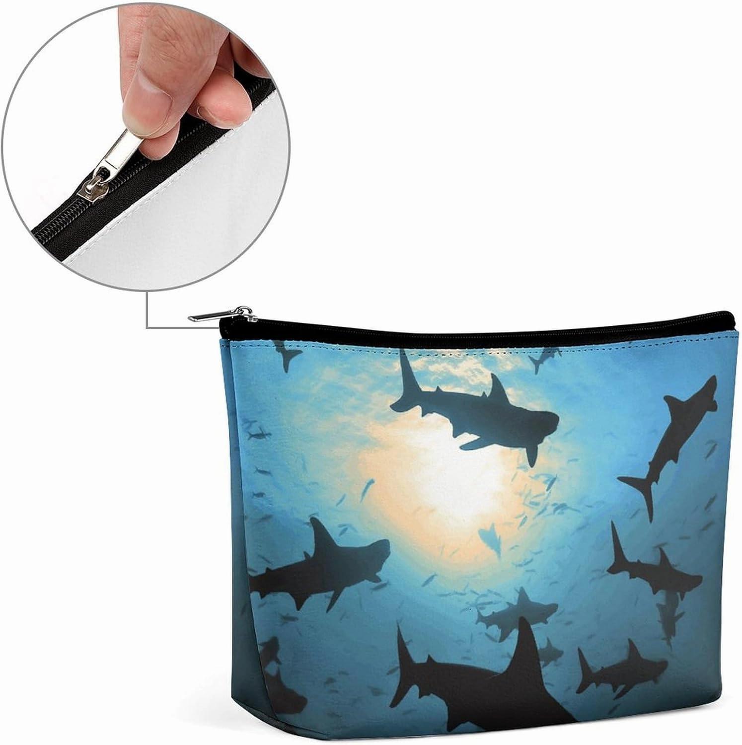 Portable Small Cosmetic Bag Cute Travel Makeup Bag Hammerhead Sharks Waterproof Toiletry Bag for Women
