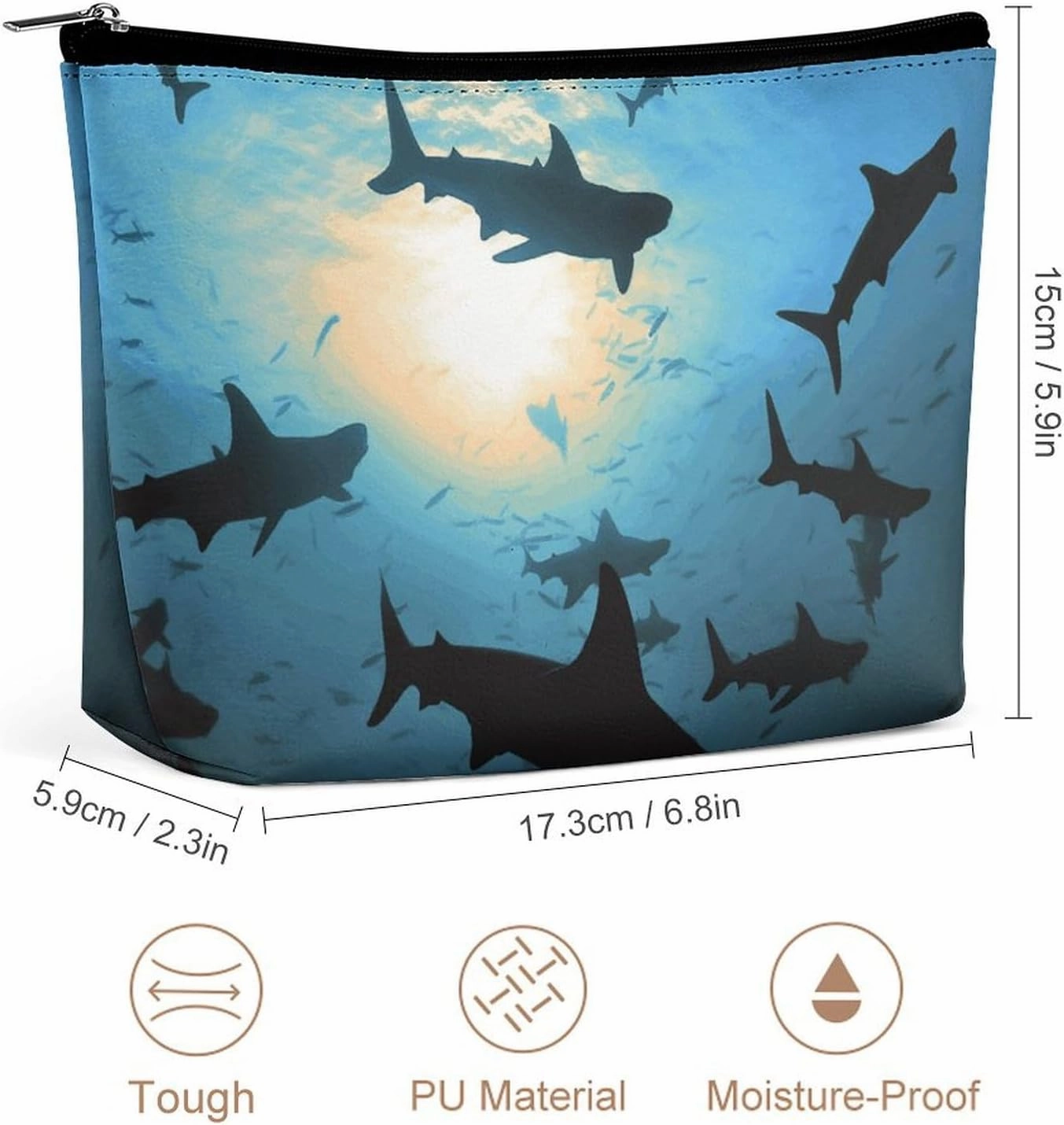 Portable Small Cosmetic Bag Cute Travel Makeup Bag Hammerhead Sharks Waterproof Toiletry Bag for Women