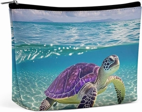 Portable Small Cosmetic Bag Cute Travel Makeup Bag Hawaii with Purple Sea Turtle Waterproof Toiletry Bag for Women
