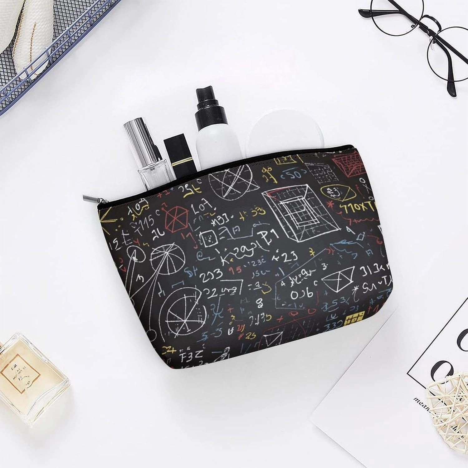Portable Small Cosmetic Bag Cute Travel Makeup Bag Mathematics And Physics Waterproof Toiletry Bag for Women