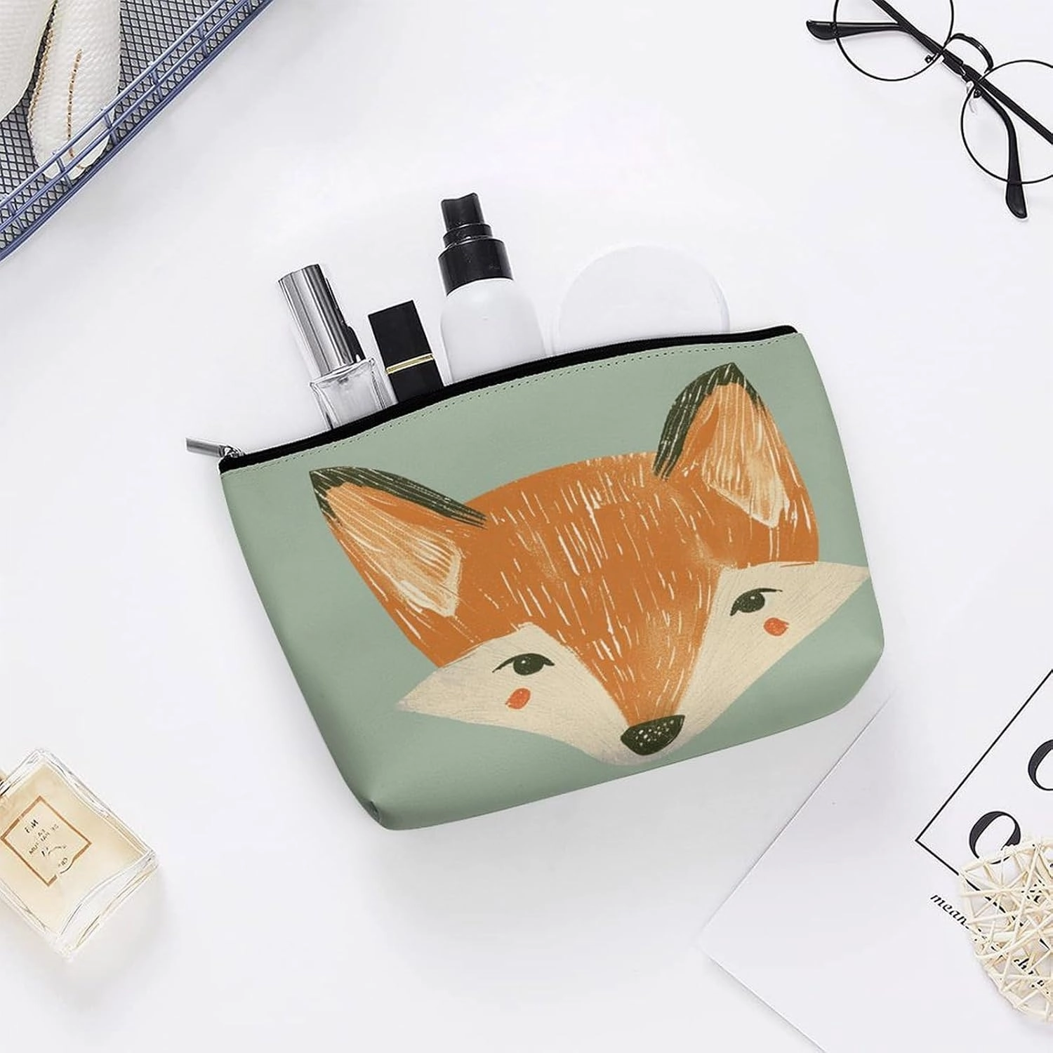 Portable Small Cosmetic Bag Cute Travel Makeup Bag Orange Fox Face Waterproof Toiletry Bag for Women