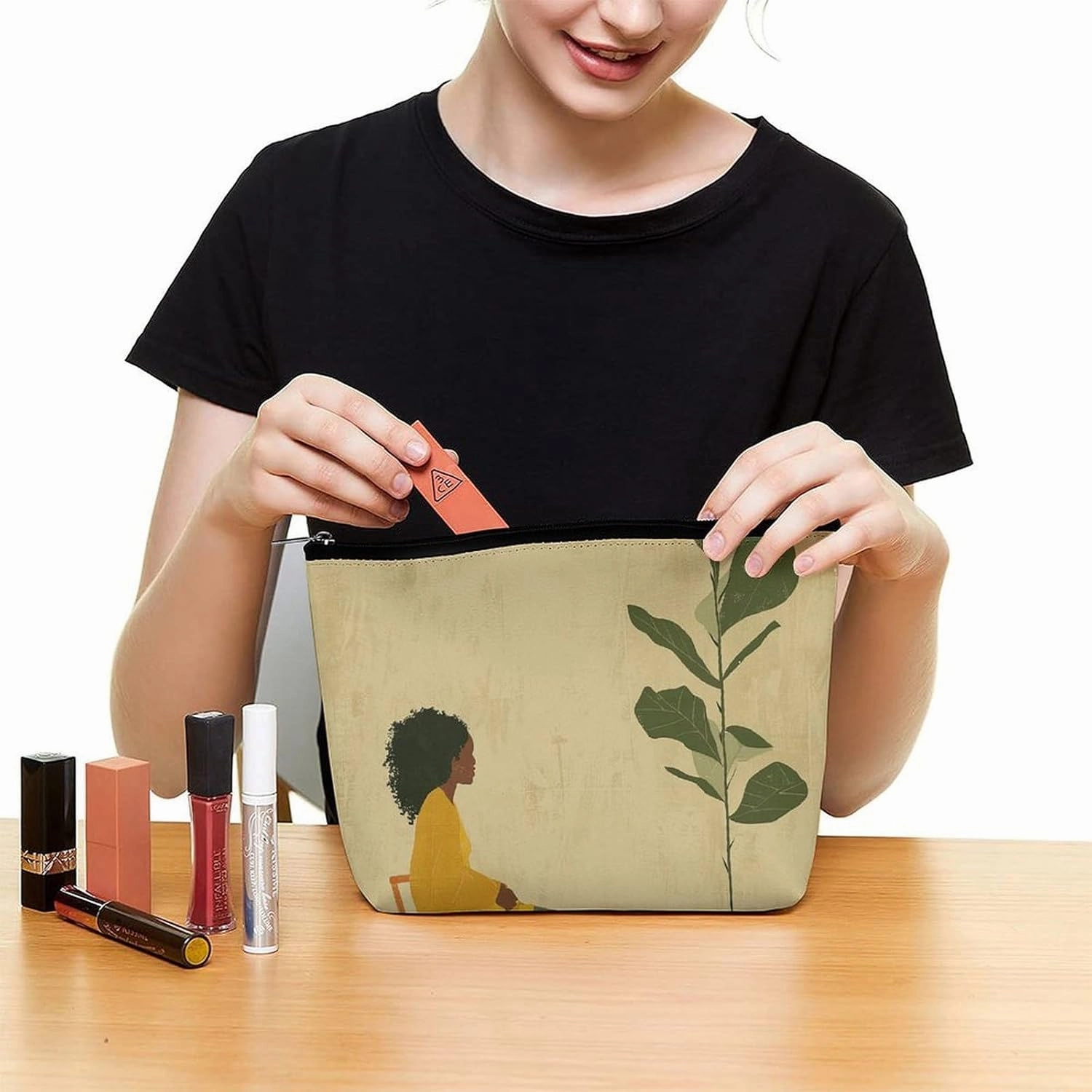 Portable Small Cosmetic Bag Cute Travel Makeup Bag Potted Plant And Woman Waterproof Toiletry Bag for Women