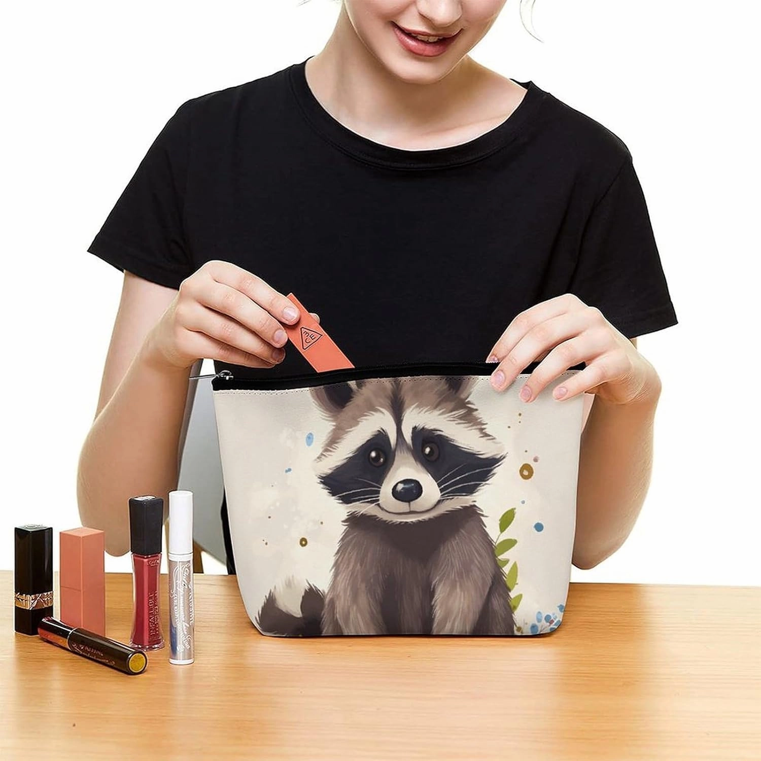 Portable Small Cosmetic Bag Cute Travel Makeup Bag Raccoon Waterproof Toiletry Bag for Women