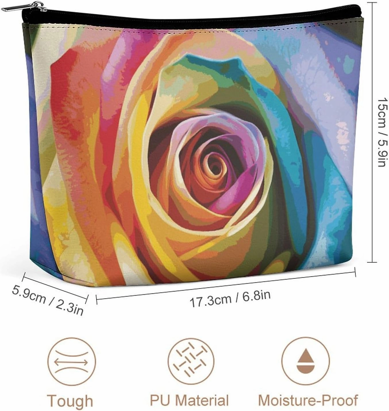 Portable Small Cosmetic Bag Cute Travel Makeup Bag Rainbow Rose Flower Waterproof Toiletry Bag for Women