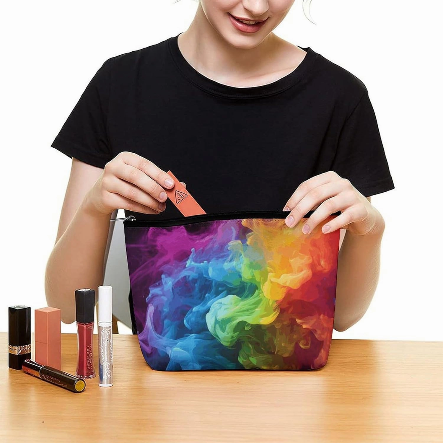 Portable Small Cosmetic Bag Cute Travel Makeup Bag Rainbow Smoke Waterproof Toiletry Bag for Women